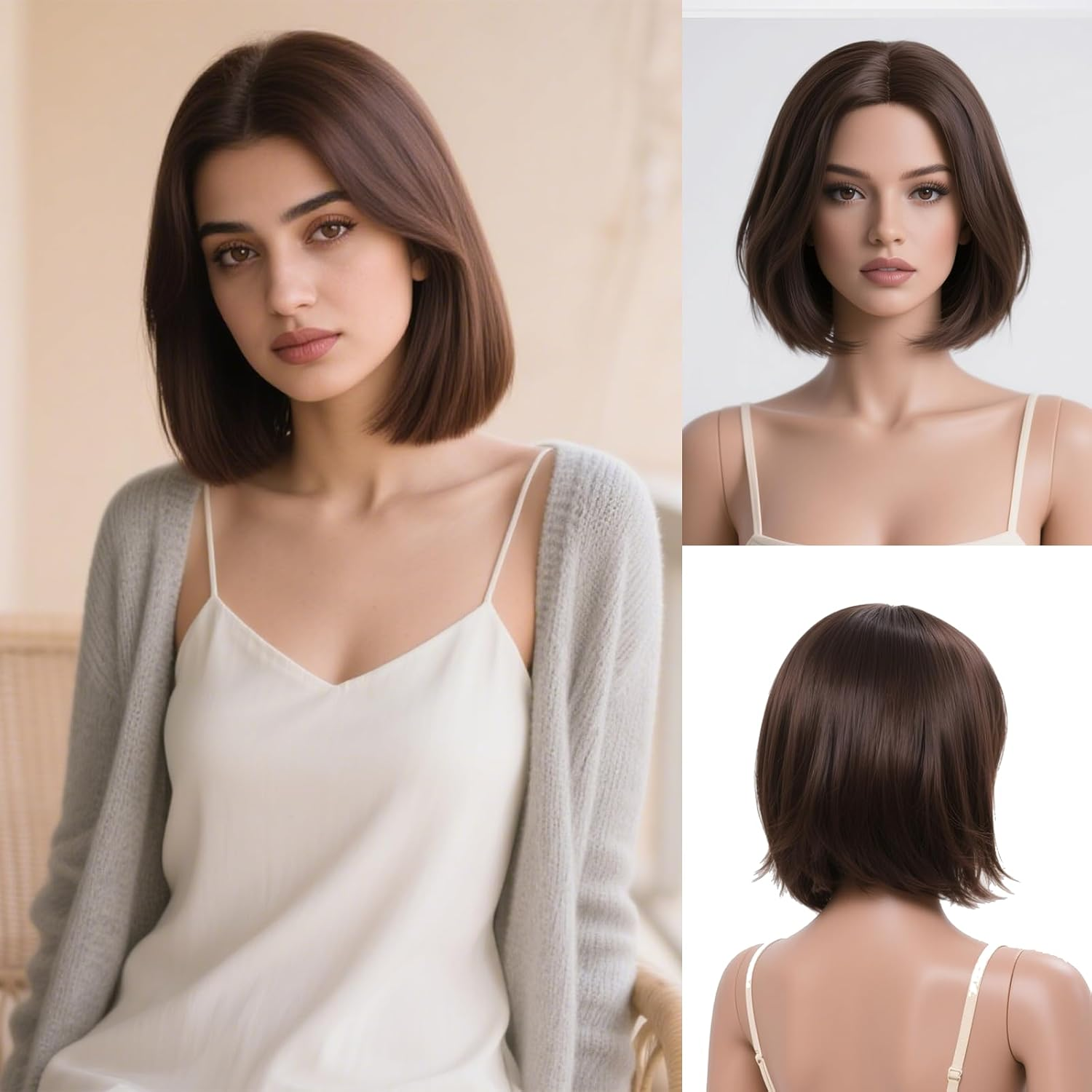 Xeelfaro Dark Brown Natural Straight Bob Wig for Women Full Head with Asymmetric Layered Cut & Free-Parting, Smooth 12Inch Wig for Decision-Making Scenarios Modern Styling (Dark Brown, 12Inch)