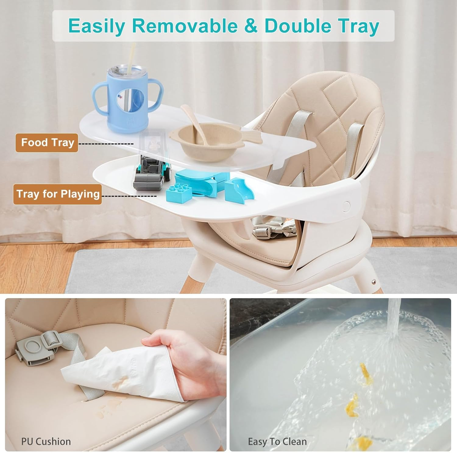 Baby High Chair, 6 in 1 Wooden Convertible High Chairs for Babies and Toddlers, Booster Seat with Double Tray & Reversible Footrest Baby Highchair, 5-Point Harness Baby Feeding Chair (Beige) image number 1