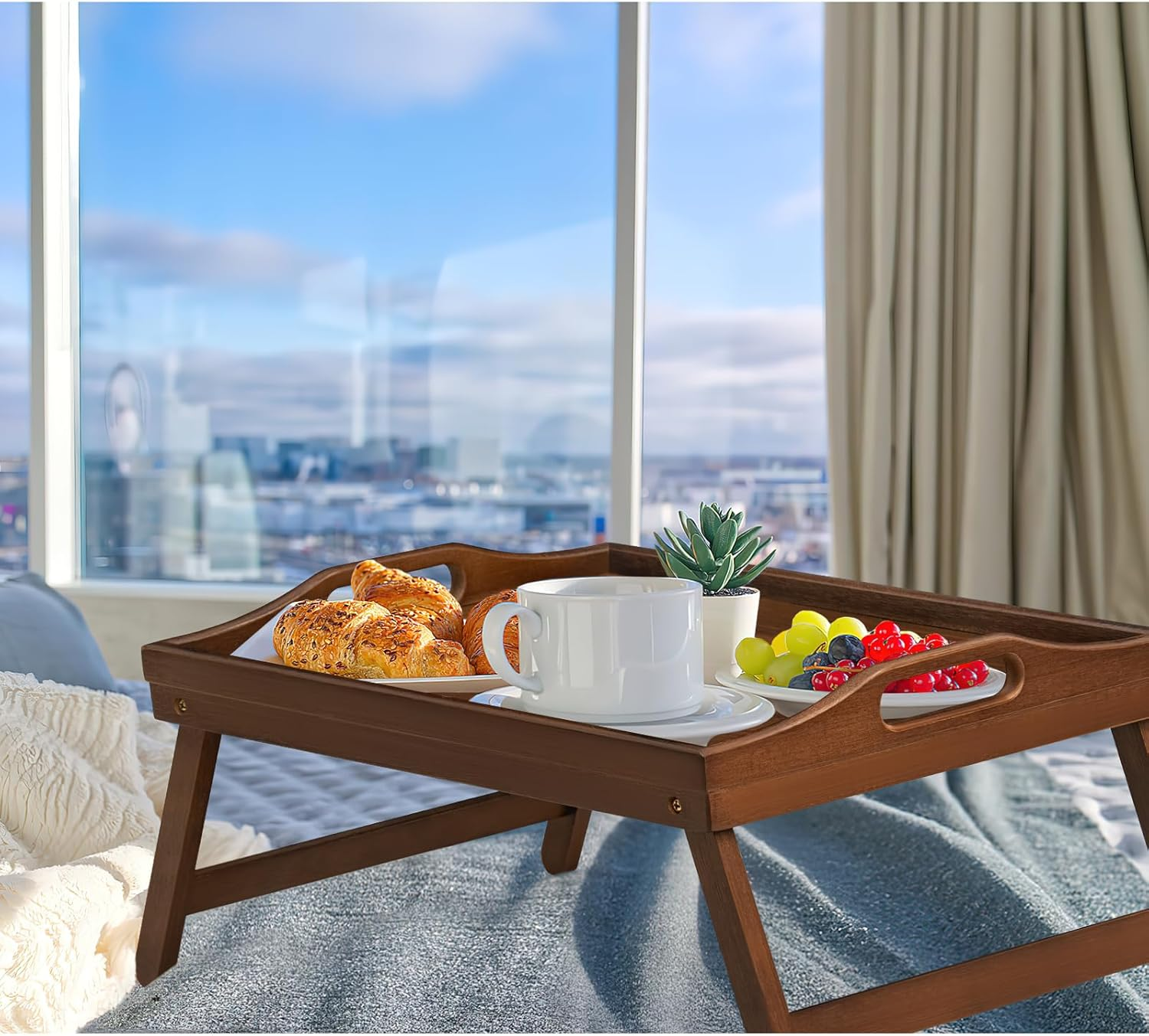 2 Pack Bed Tray Table Breakfast Trays Serving Tray Bamboo Bed Laptap with Floding Legs Handles and Phone Holders - Walnut 2 Pack image number 4