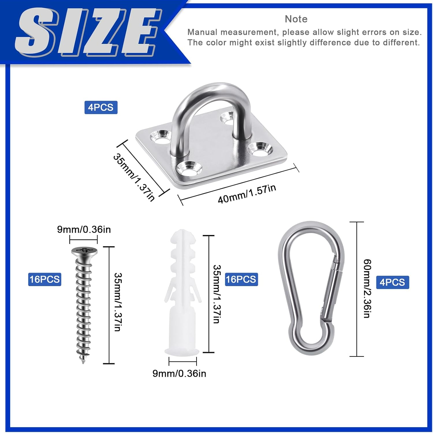 Glarks 8Pcs M6 Stainless Steel Pad Eye Plate Hook and Snap Hook Kit, Square Eye Plate U Hooks Heavy Duty Ceiling Hooks and Carabiner Clips Snap Hook for Ceiling and Mounting Hanging Hardware image number 1