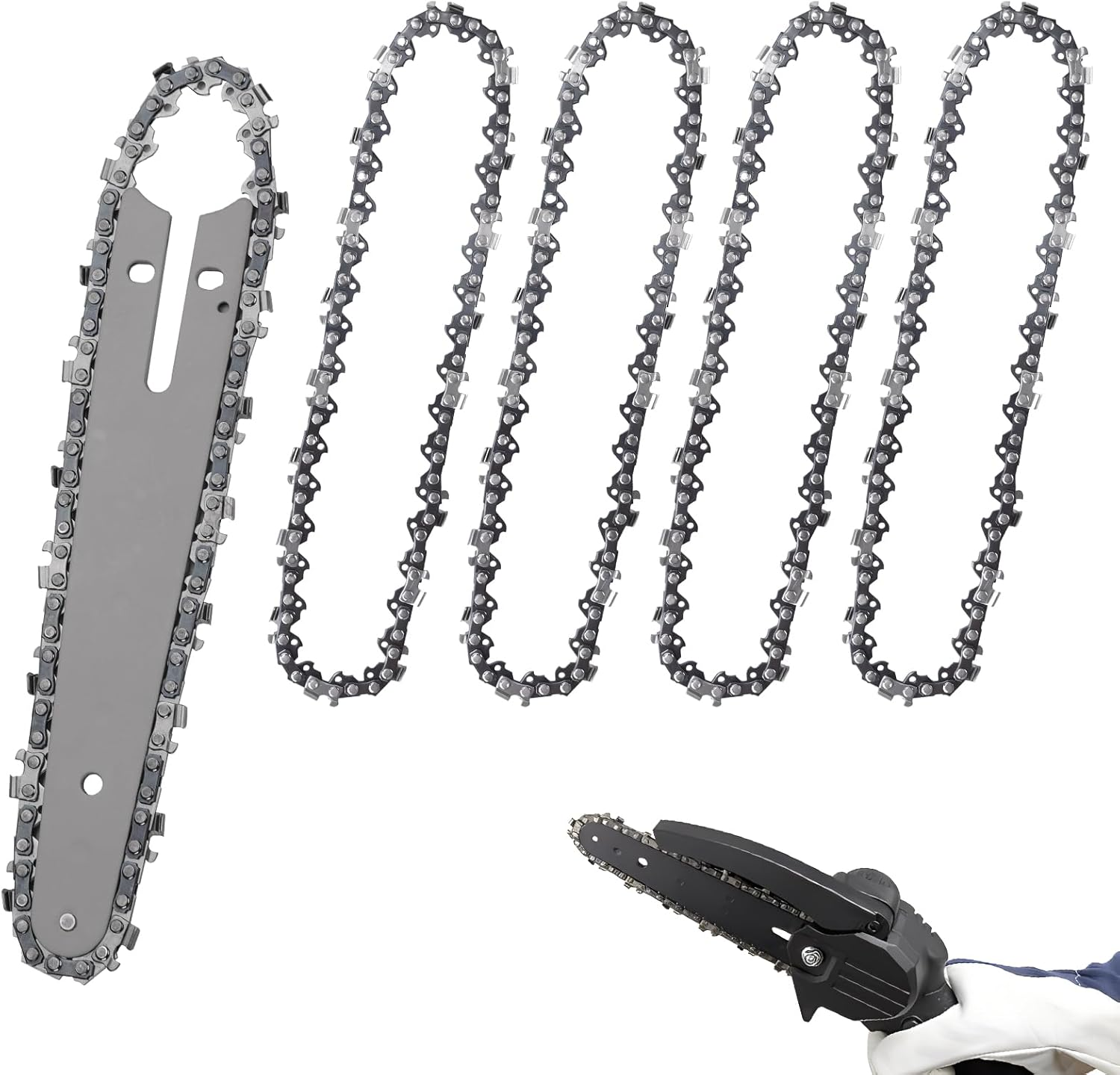 5Pcs Mini Chainsaw Chains with Replacement Saw Chain Bar, 6 Inch Small Chainsaw Chain Replacement Steel Chainsaw Blade for Tree Trimming, Cordless Handheld Mini Chainsaws (37 Drive Links) image number 4