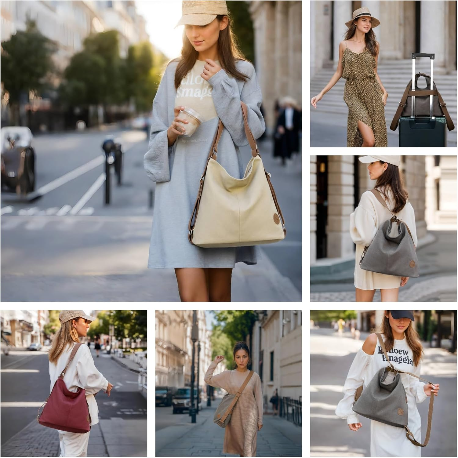 Large Tote Bag Convertible Backpack Purse for Women with Zipper Pockets, Canvas Crossbody Shoulder Hobo Bag - Canvas Brown image number 2