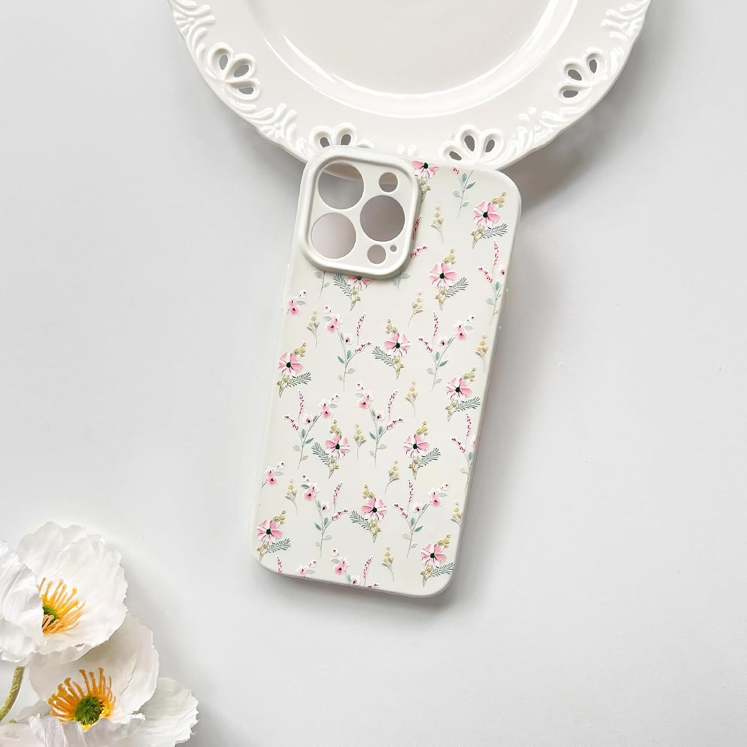 NITITOP Compatible with Iphone 12 Pro Case Cute Pink Flower Floral Aesthetic Design with White Back for Women Girls Trendy Slim Soft TPU Full Camera Shockproof Protective Cover - Pink image number 2