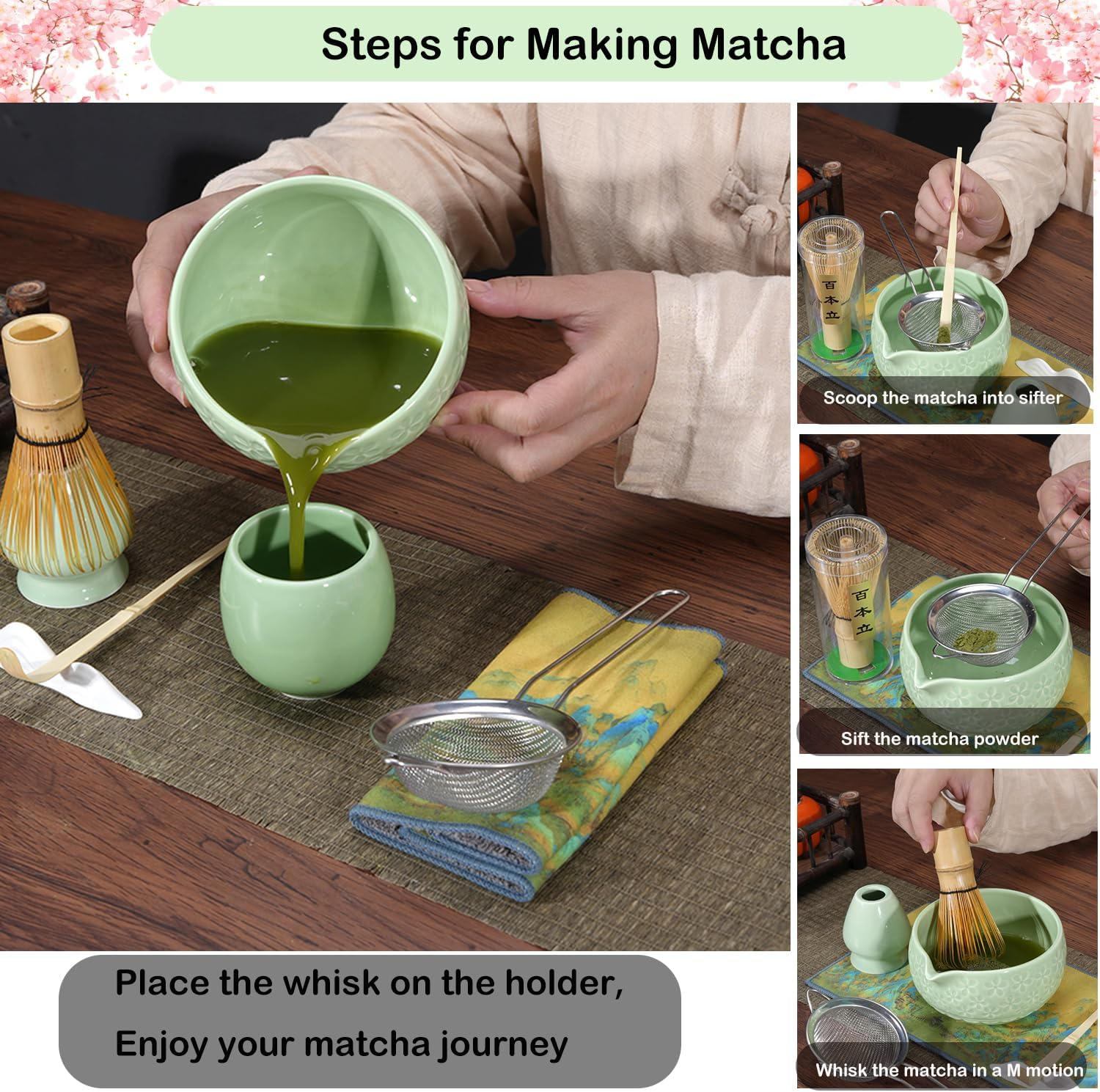 Matcha Whisk Set,5-Piece Ceramic Japanese Matcha Set Includes Matcha Bowl, Matcha Whisk and Holder, Bamboo Scoop, Scoop Rest, Sifter and Tea Towel - Matcha Kit for Matcha Lovers (Green) image number 5
