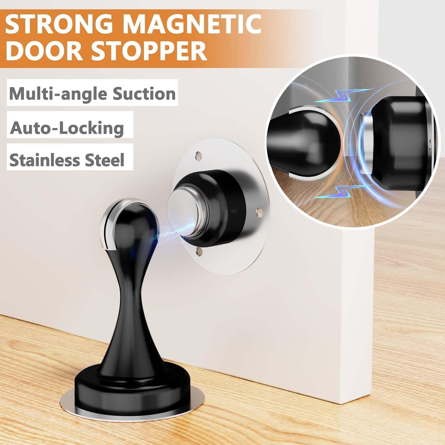 Magnetic Door Stopper - 2 Pack - Stainless Steel Door Stoppers for Bottom of Door| Magnetic Door Stop for Wall and Floor Mounting| No Drilling Door Catch Door Holder with 3D Adhesive Tapes (Black) - Black image number 5