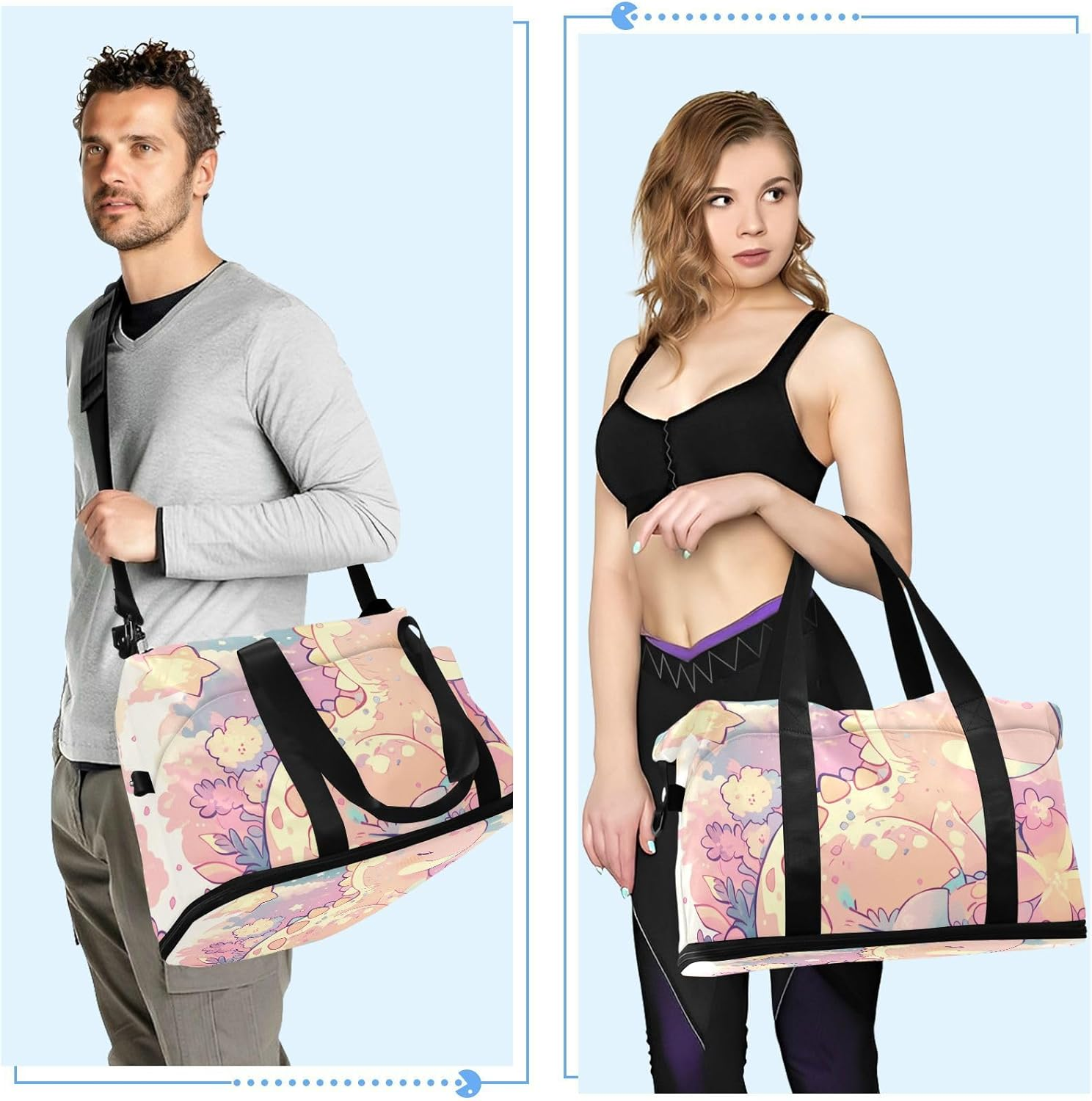 Cartoon Baby Dinosaur Childlike Doodle Style Pastel Colors Large Bag Travel Weekender Gear Bag with Adjustable Strap for Business Trips 2 Pcs Set, Cartoon Baby Dinosaur Childlike Doodle Style Pastel image number 3