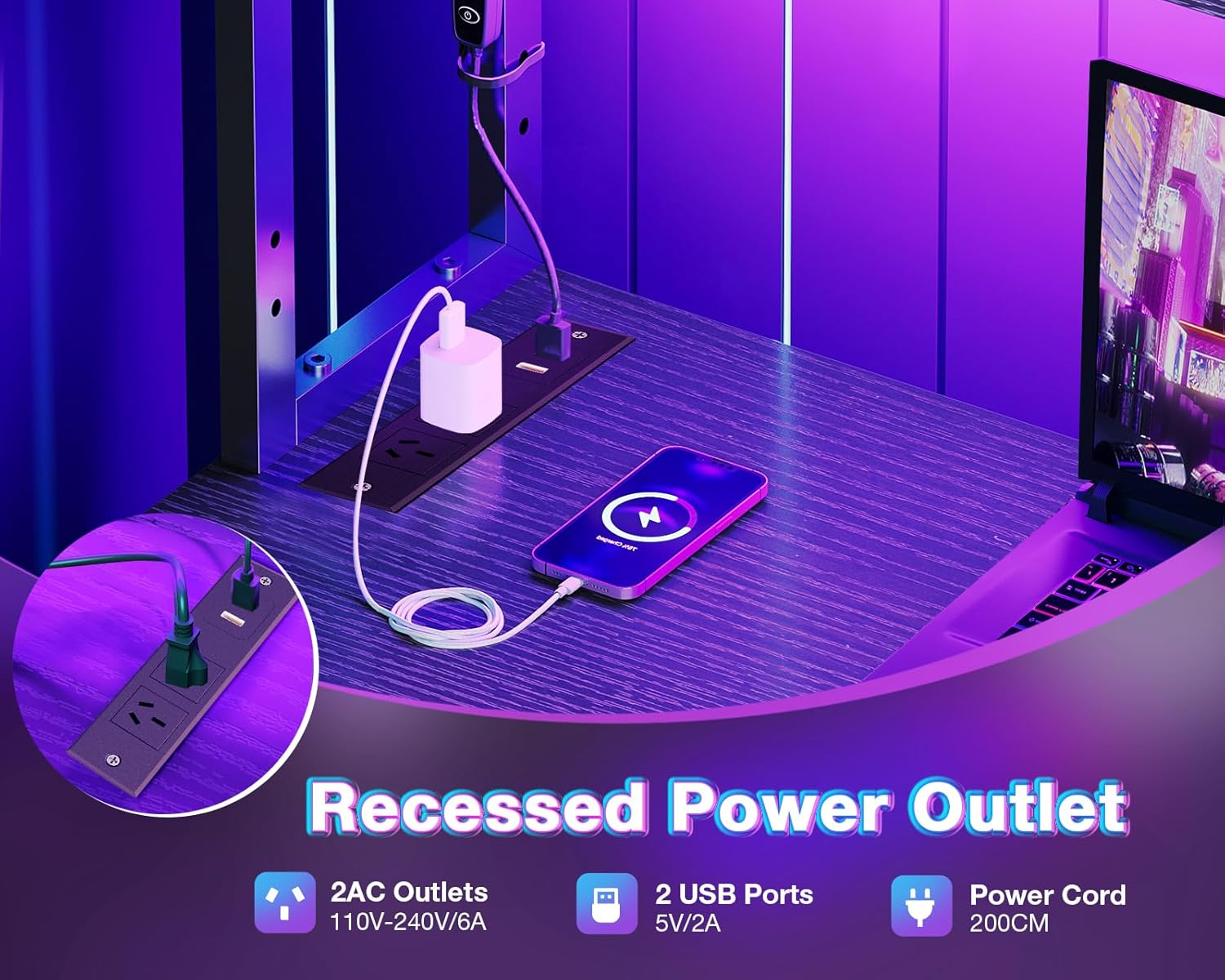 ODK L Shaped Gaming Desk with LED Lights & Power Outlet,Reversible Computer Desk with Adjustable Shelves, Corner Desk with Storage Bag & Headphone Hook for Home Office,Gaming,115 * 80 * 75.6Cm,Black