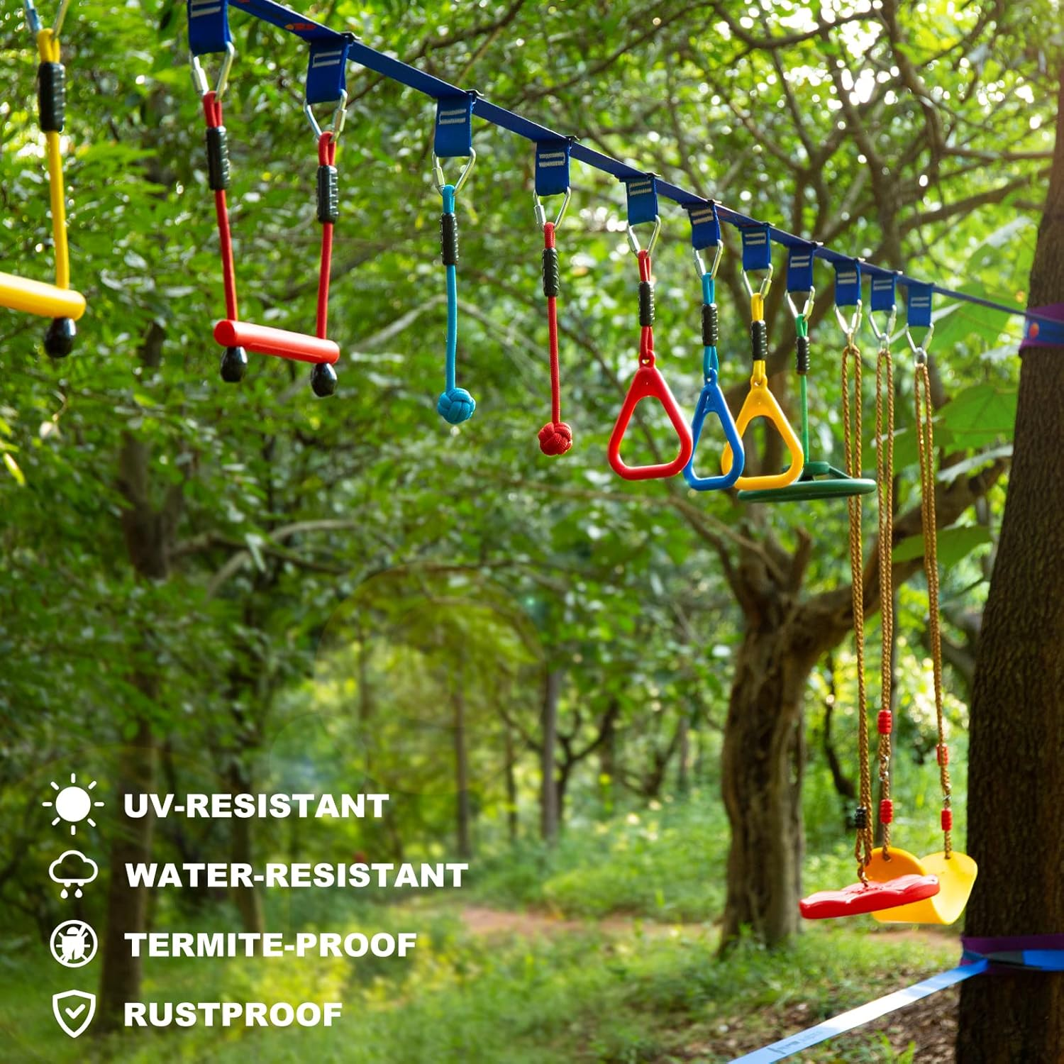 Ninja Warrior Obstacle Course for Kids, 2&times;56Ft Slackline Kit with 8 Ninja Accessories - Monkey Bar, Rope Ladder, Gymnastic Ring, Arm Trainer and Monkey Fist