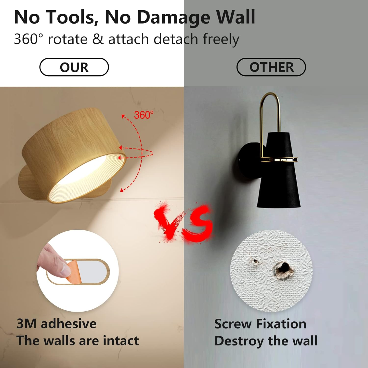 Koopala LED Wall Sconces, USB Port, Rechargeable Battery Operation, 3 Color Temperatures and 3 Brightness Levels, Magnetic Ball 360&deg; Rotation, Wireless, Bedside Reading image number 5