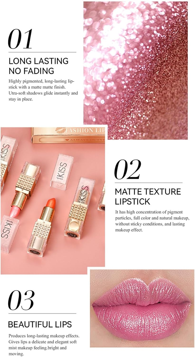 Shimmer Lipstick - Shimmer Matte Lipstick Set,Long-Lasting Hydrating Makeup Lip Sticks for Party Wedding Bridal Everyday Use by Girls and Women image number 4