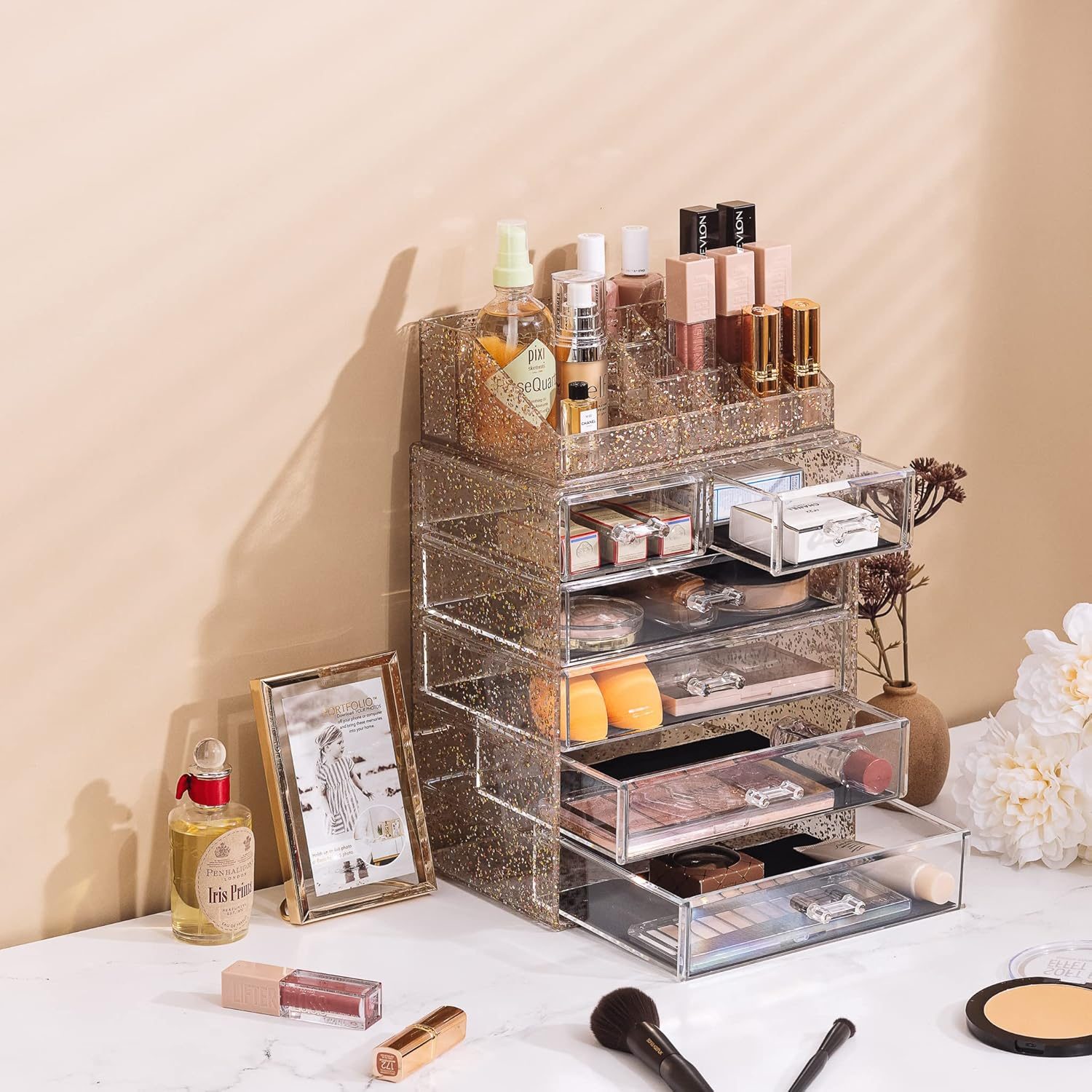 Sorbus Clear Cosmetic Makeup Organizer - Make up & Jewelry Storage, Case & Display - Spacious Design - Great Holder for Dresser, Bathroom, Vanity & Countertop (4 Large, 2 Small Drawers) [Glitter] image number 7
