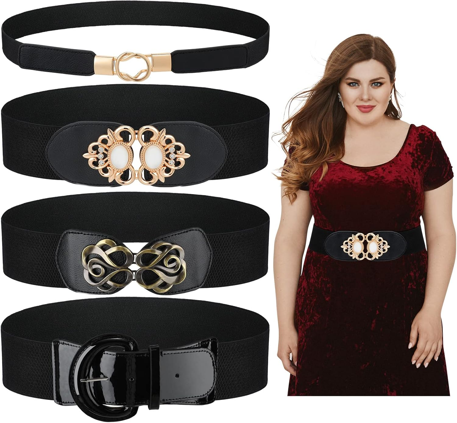 Xtinmee 4 Pieces plus Size Waist Belts for Women Wide Stretchy Elastic Vintage Belt for Dresses Decor Accessories, Black, Xx-Large (Ynx-Xtinmee-138)