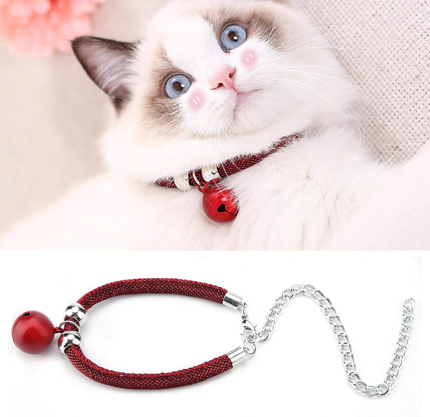 EVTSCAN Japanese Style Pets Necklace Nylon Accessory Kitten Supply Cat Bell Collar W/Extension Chain(Red) - Red image number 5