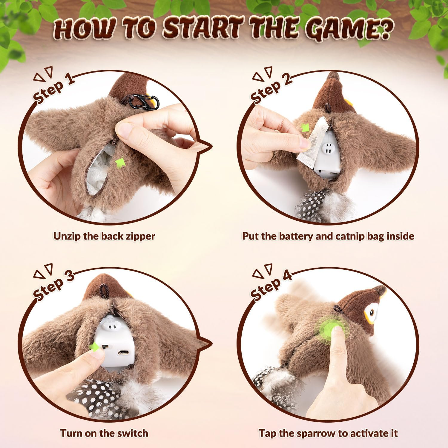 Slowton Interactive Cat Toys Rechargeable - Touch Activated Flapping Sparrow Catnip Toys with Lifelike Chirping - Plush Bird Toy with Rope and Hooks for Indoor Kitten Kitty Exercise image number 5