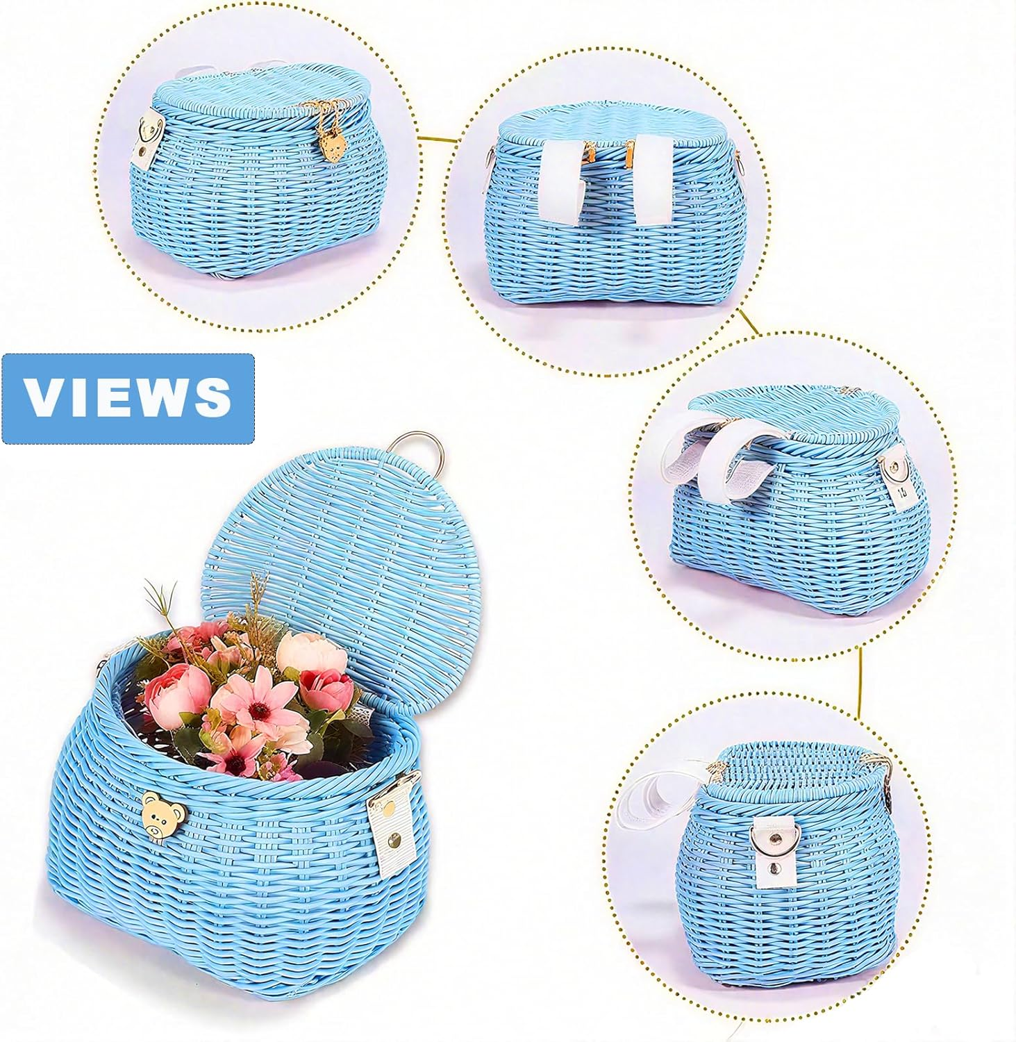 Kids Bike Basket Set, Bike Scooter Tricycle Basket, Children Cycling Basket, Children Bike Basket Handwoven Backpack with Lid Shoulder Strap, Rattan Basket, Front Handlebar Basket image number 6