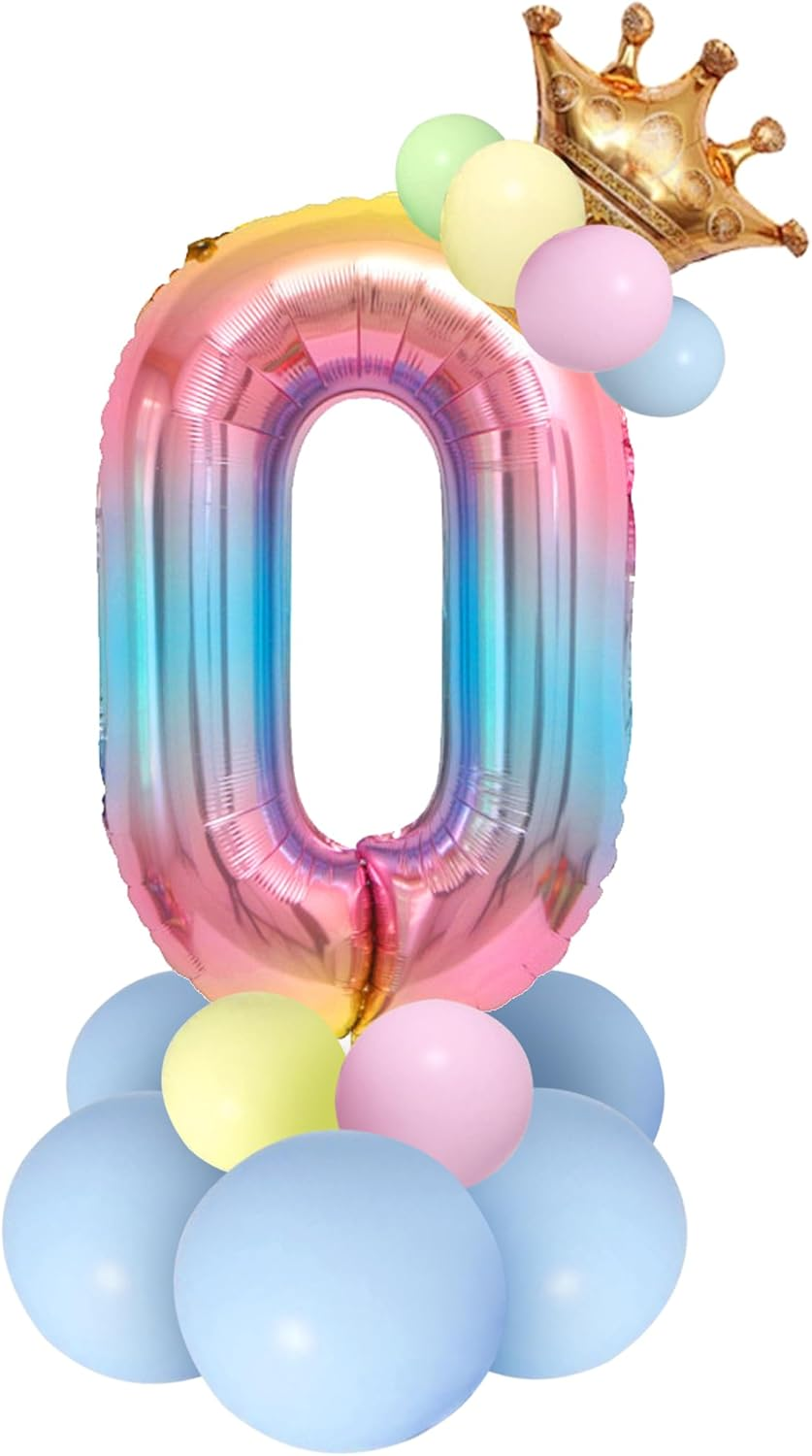 Number 0 Balloon, Rainbow Birthday Balloon, 40 Inch Foil Balloons, Crown Star Large Balloons for Girls Women Men Birthday Party Decor-0 image number 2