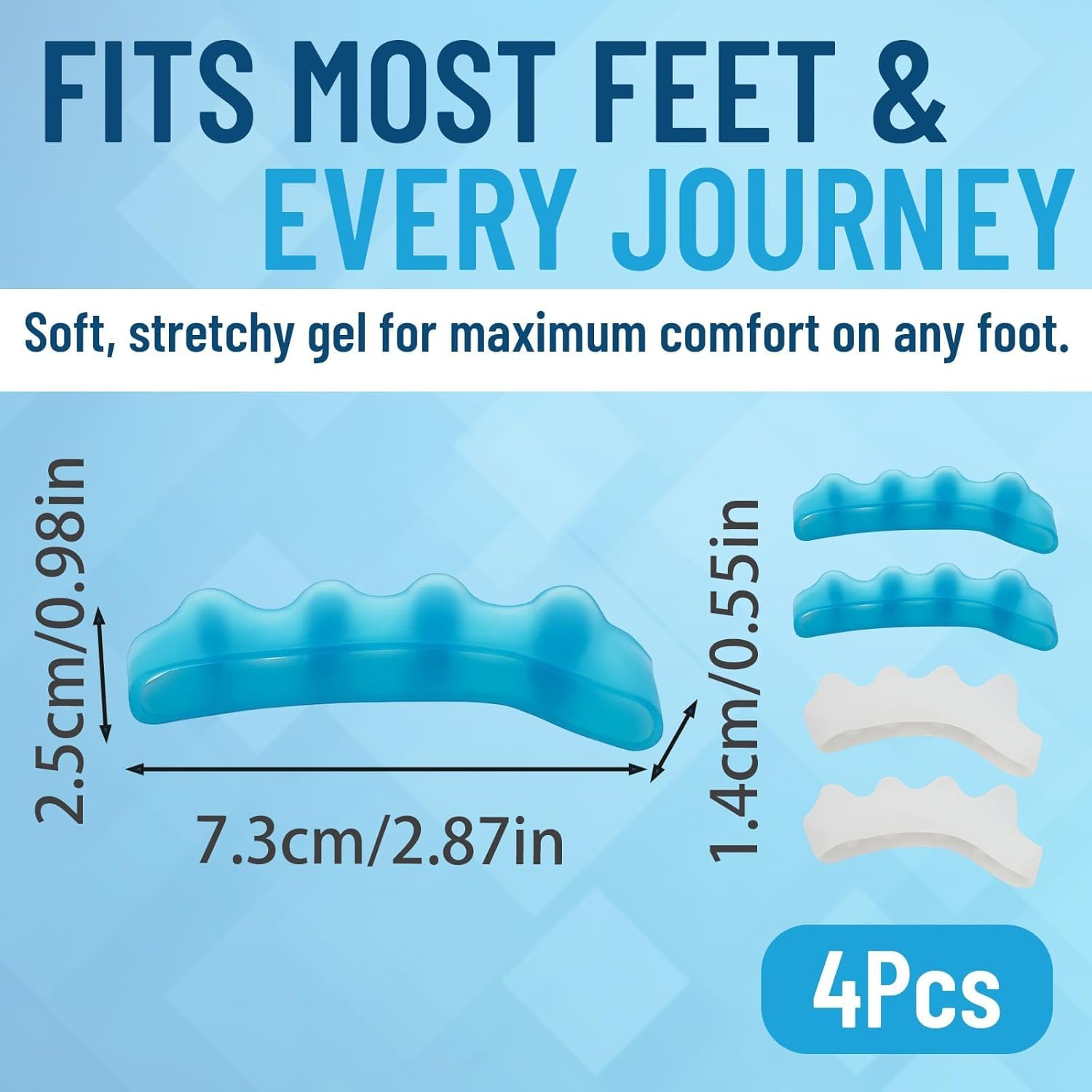 Toe Separators, 4 Pack Bridge Design Toe Spacers for Men and Women, Helps Relieve Bunion Pain, Hammer Toe and Plantar Fasciitis, Ideal for Yoga, Running and Daily Use (White and Blue)