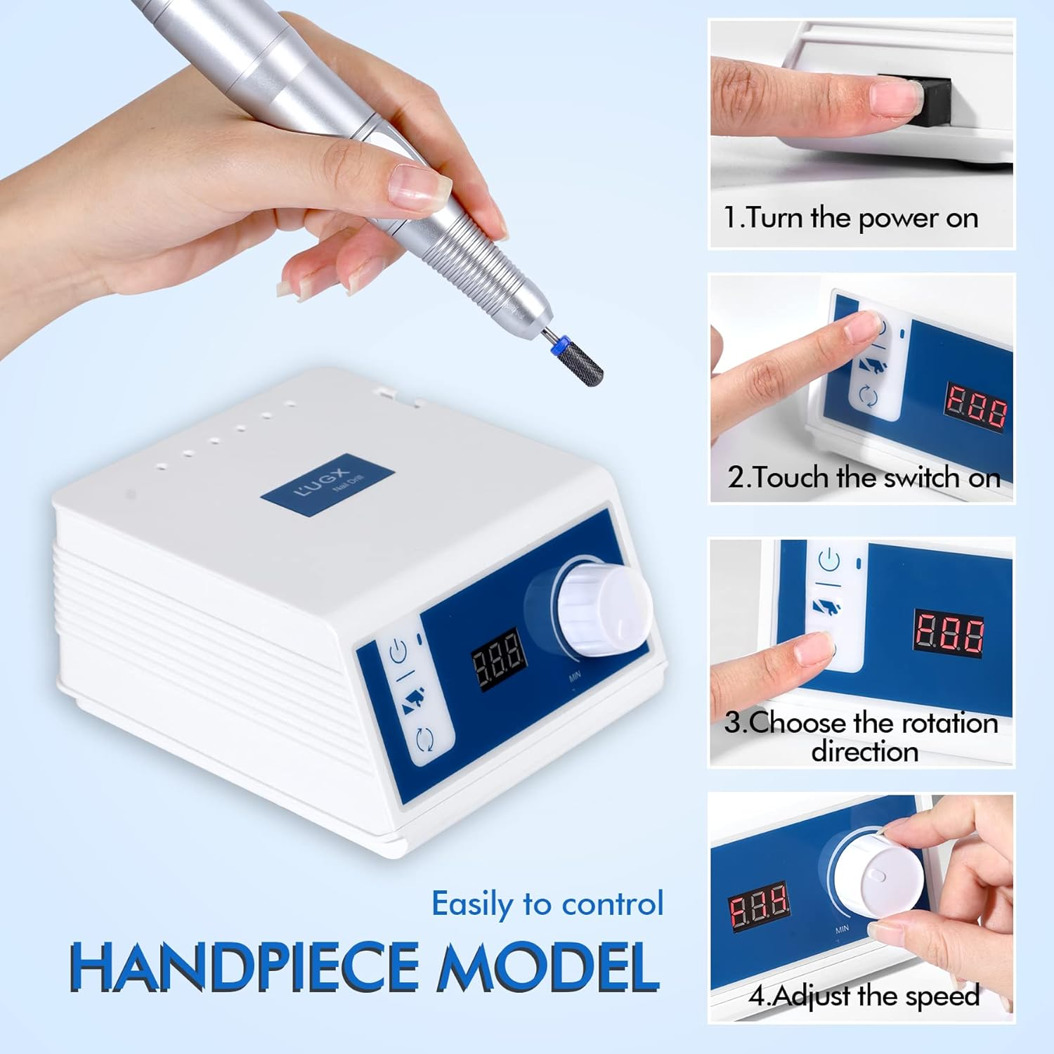 L'UGX Brushless Nail Drill 45000RPM, Professional Electric Nail File Manicure Pedicure with 7 Drill Bits, Perfect for Home Salon Use, Foot Pedal, Low Noise and No Vibration image number 4