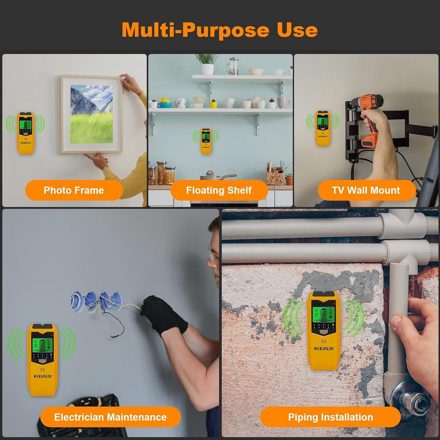 Stud Finder Wall Scanner,5 in 1 Multifunction Stud Detector Electronic Detector with Audio Alarm and LCD Display for the Center and Edge of Wood, AC Wire, Metal and Studs Detection (Yellow) image number 4