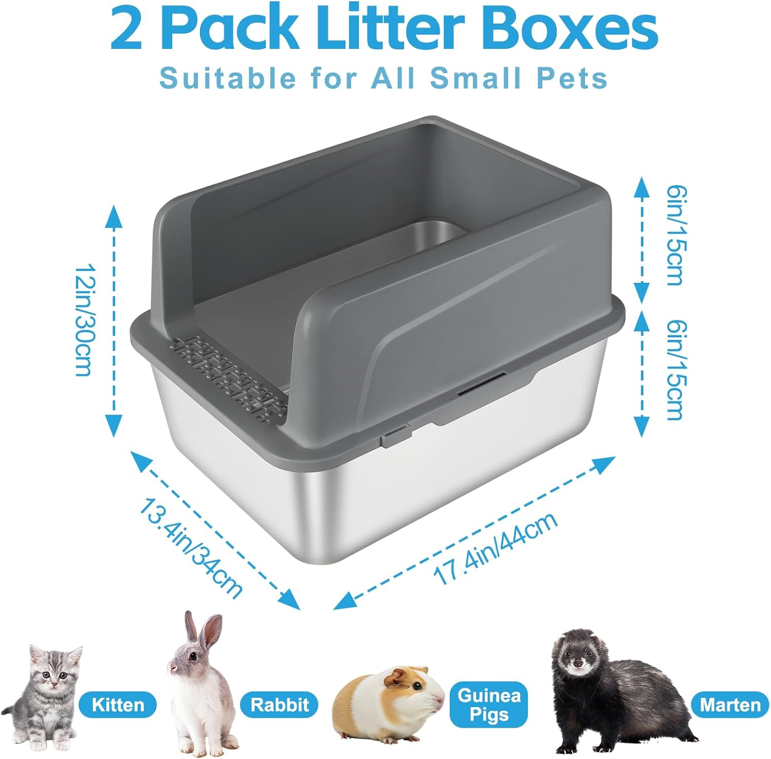 Bartuke 2 Pack Kitty Stainless Steel Litter Box, Large Rabbit Litter Box with Scoop, Small Animal Toilet for Kitten, Rabbit, Guinea Pigs, Hamster(Dark Grey & Light Grey) - Dark Grey  Grey image number 2