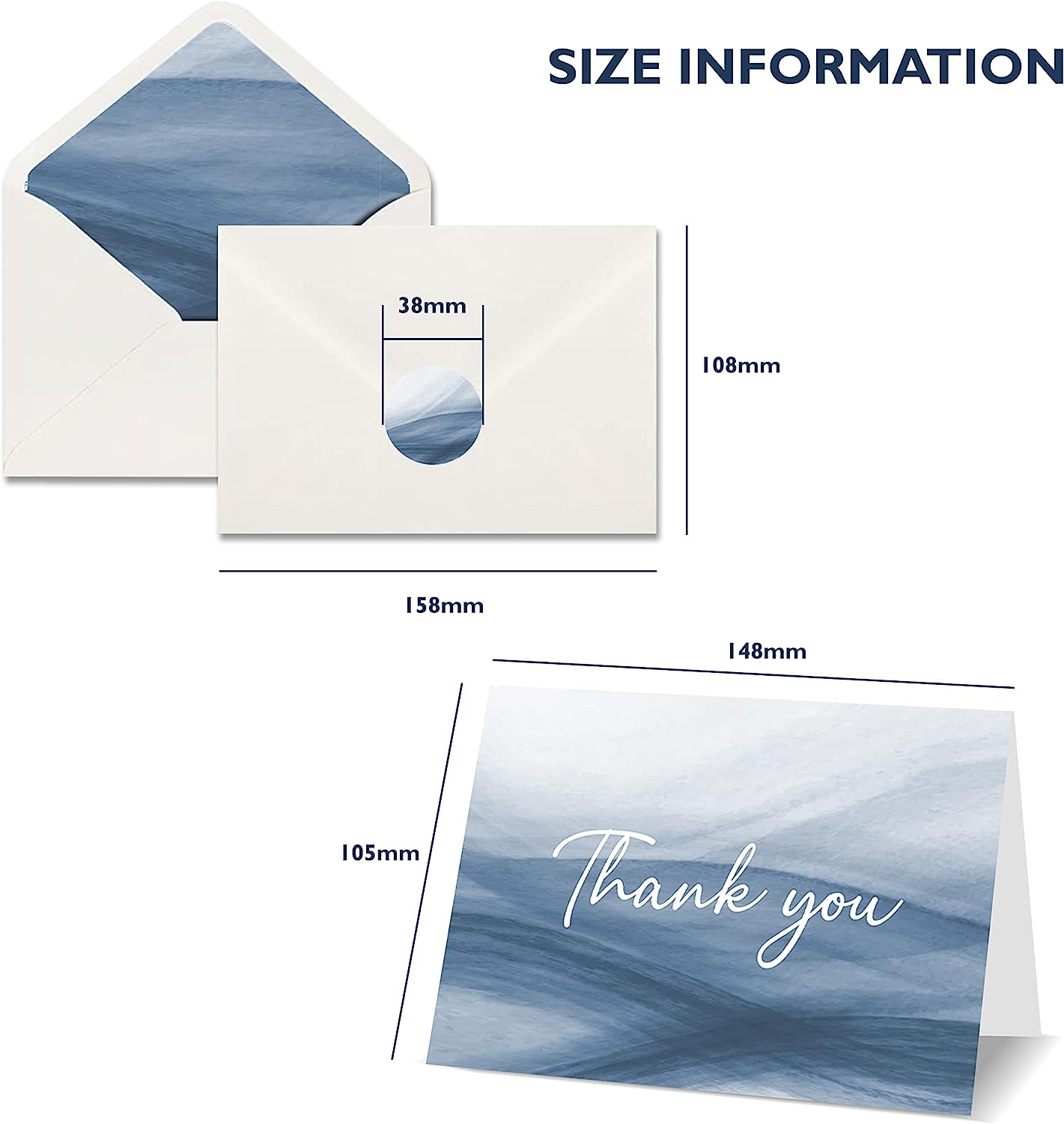 Elegant Blue Thank You Cards - Bulk Set of 96 with Self-Seal Envelopes and 104 Stickers - Perfect for Weddings, Business, Graduation, Baby Shower and More - 8 Unique Designs to Show Your Appreciation
