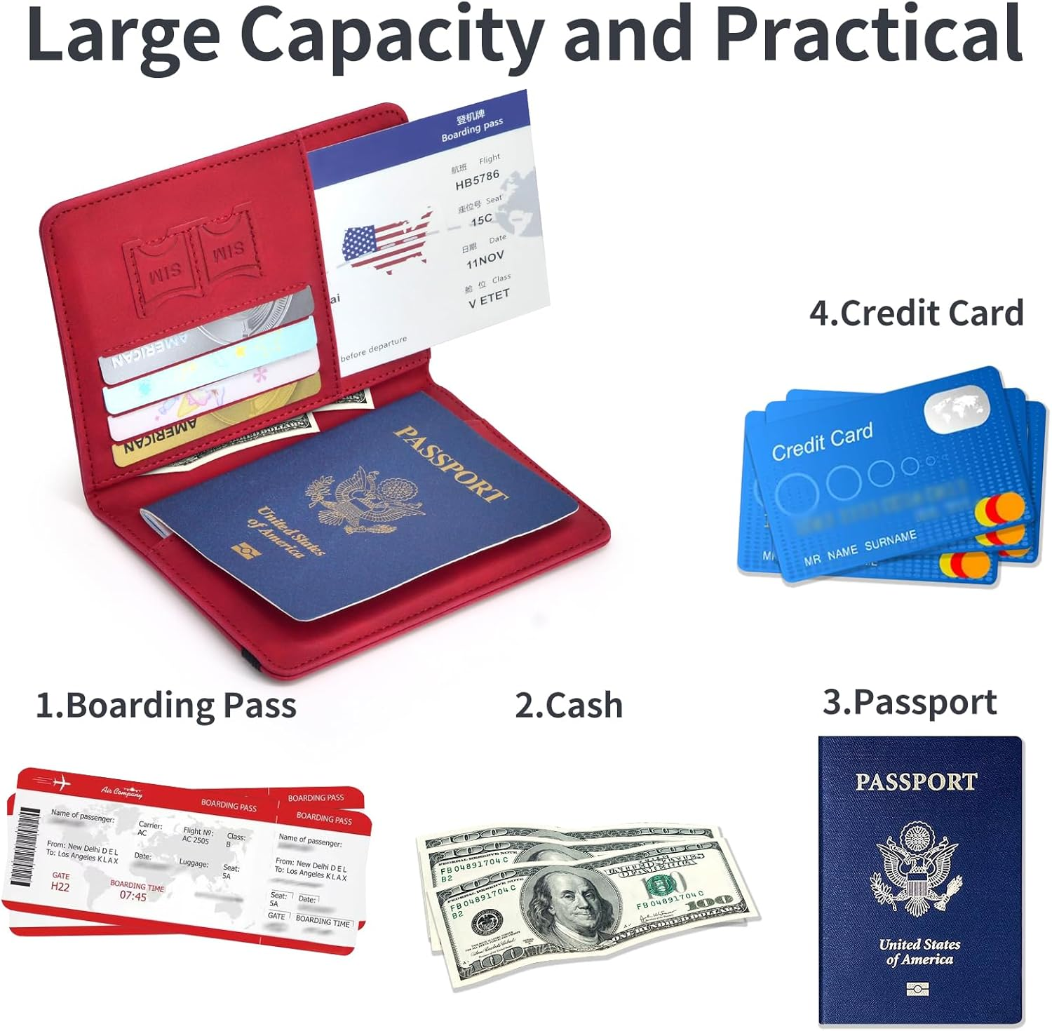 Passport Holder, Passport Cover with Credit Card Slot and Boarding Pass Slot Combo, Passport Wallet Case Book Travel Must Have, RFID Blocking Leather Travel Accessories, Red, Classic image number 4
