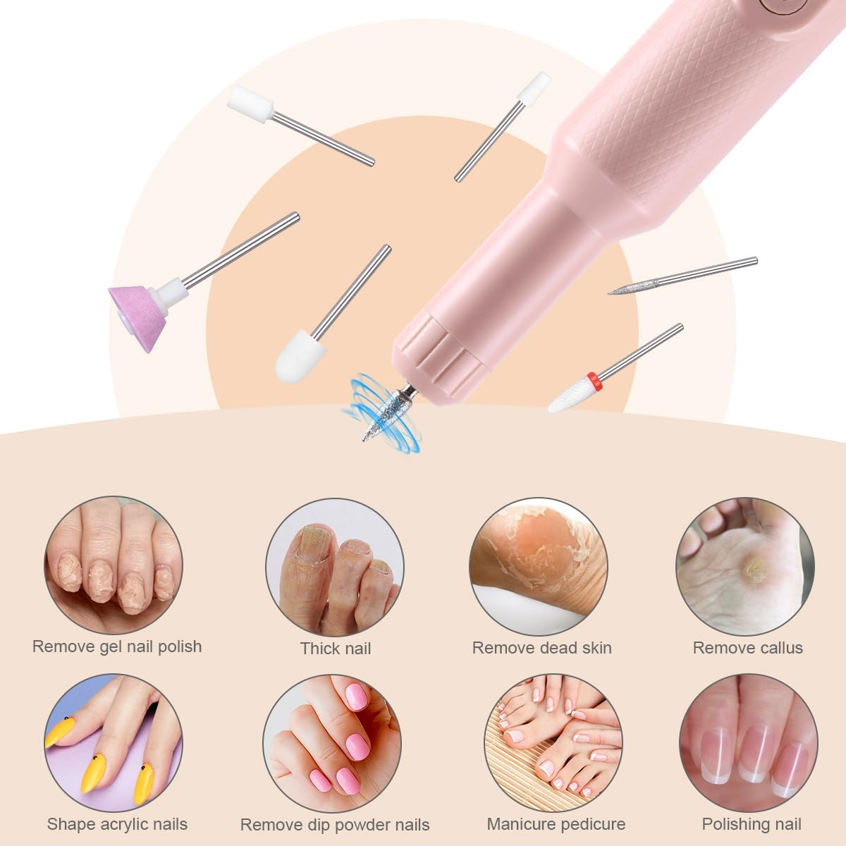 URAQT Electric Nail Drill, Professional Nail Drill Kit with 12 Bits, Adjustable Speed, Wireless Charging, Pink - Pink image number 4