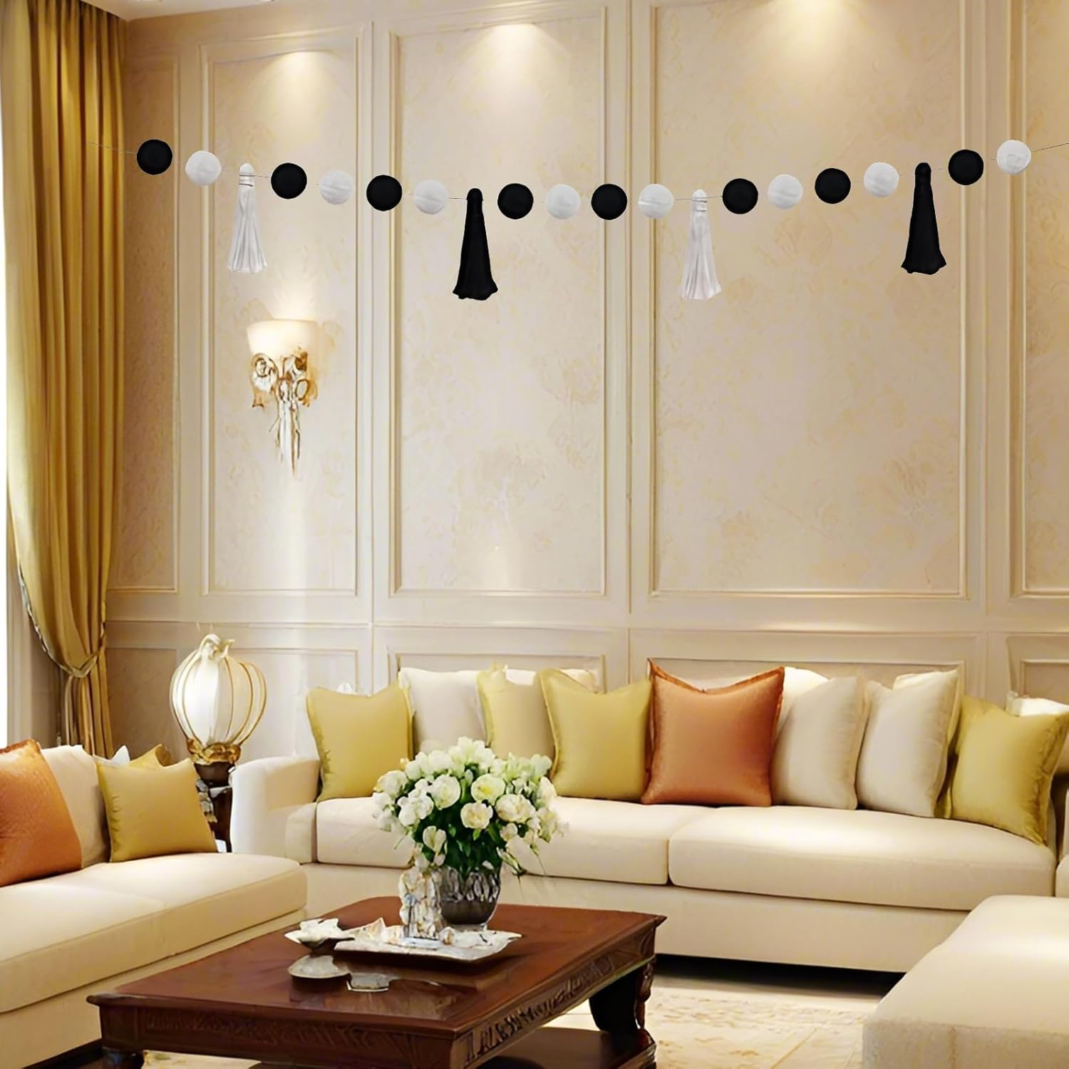 Pom Pom Garland for Classroom Boho, 74.8 Inch 16 Felt Ball Bulletin Board Garland, Colorful Yarn Tassel Banner Garland, Hanging String Decorations for Party Desk Nursery Wall Decor (Black & White) image number 2