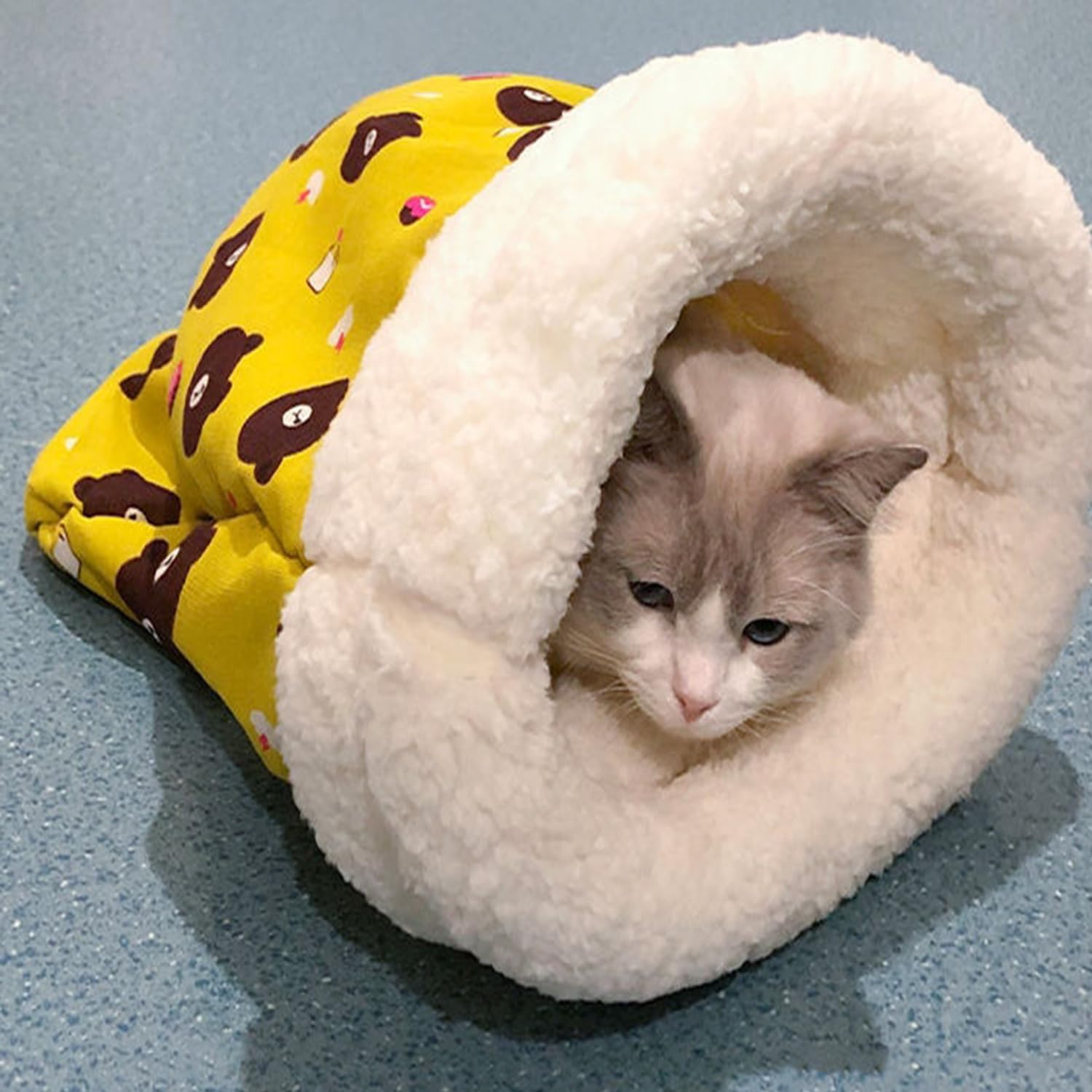 Roczential Cozy Warm Sleeping Bag for Cats, Cozy Cat Winter Sleeping Bag, 360-Degree Wrap Self-Warming Plush Puppy Sleeping Nest (Yellow) - Blue image number 3