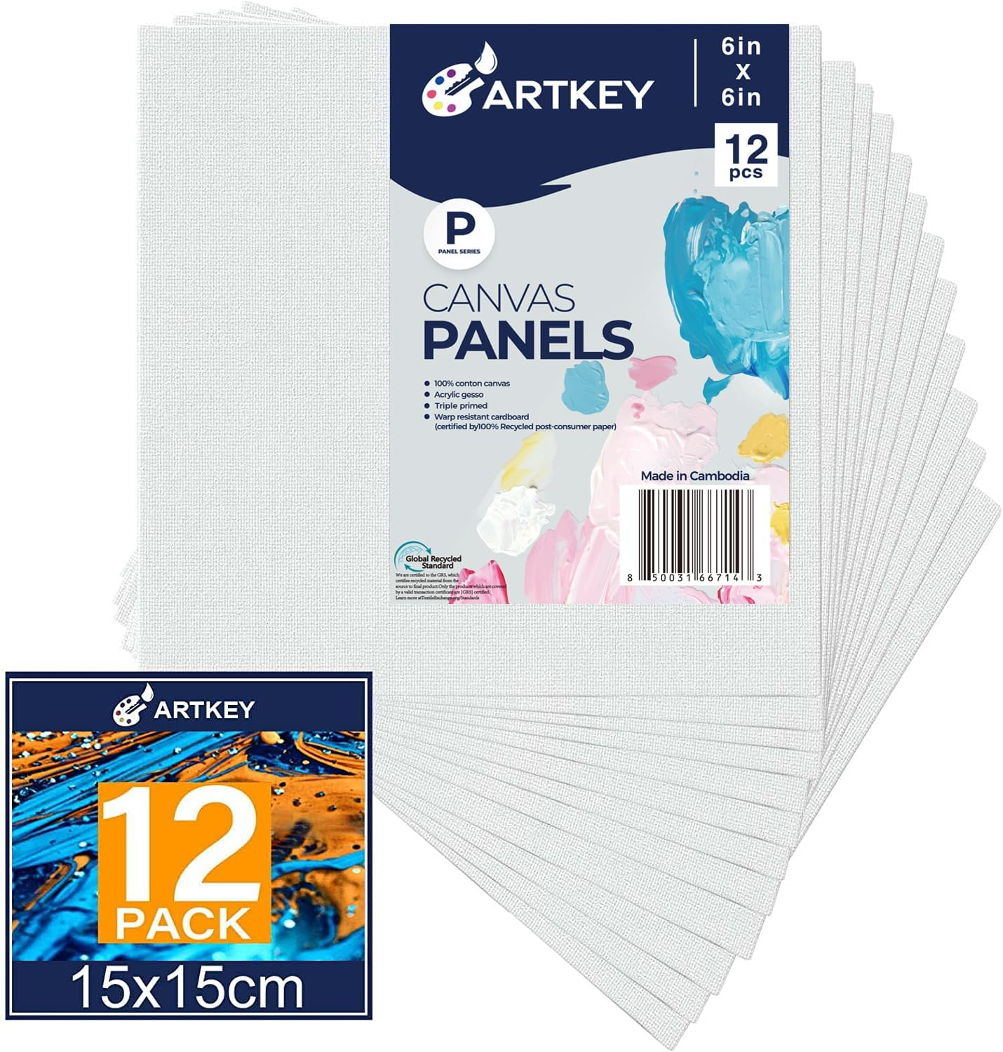 Canvas Panels 6X6 Inch 12-Pack, 10 Oz Primed 100% Cotton White Blank Canvases for Painting, Square Flat Canvas Board for Oil Acrylics Watercolor & Tempera Paints