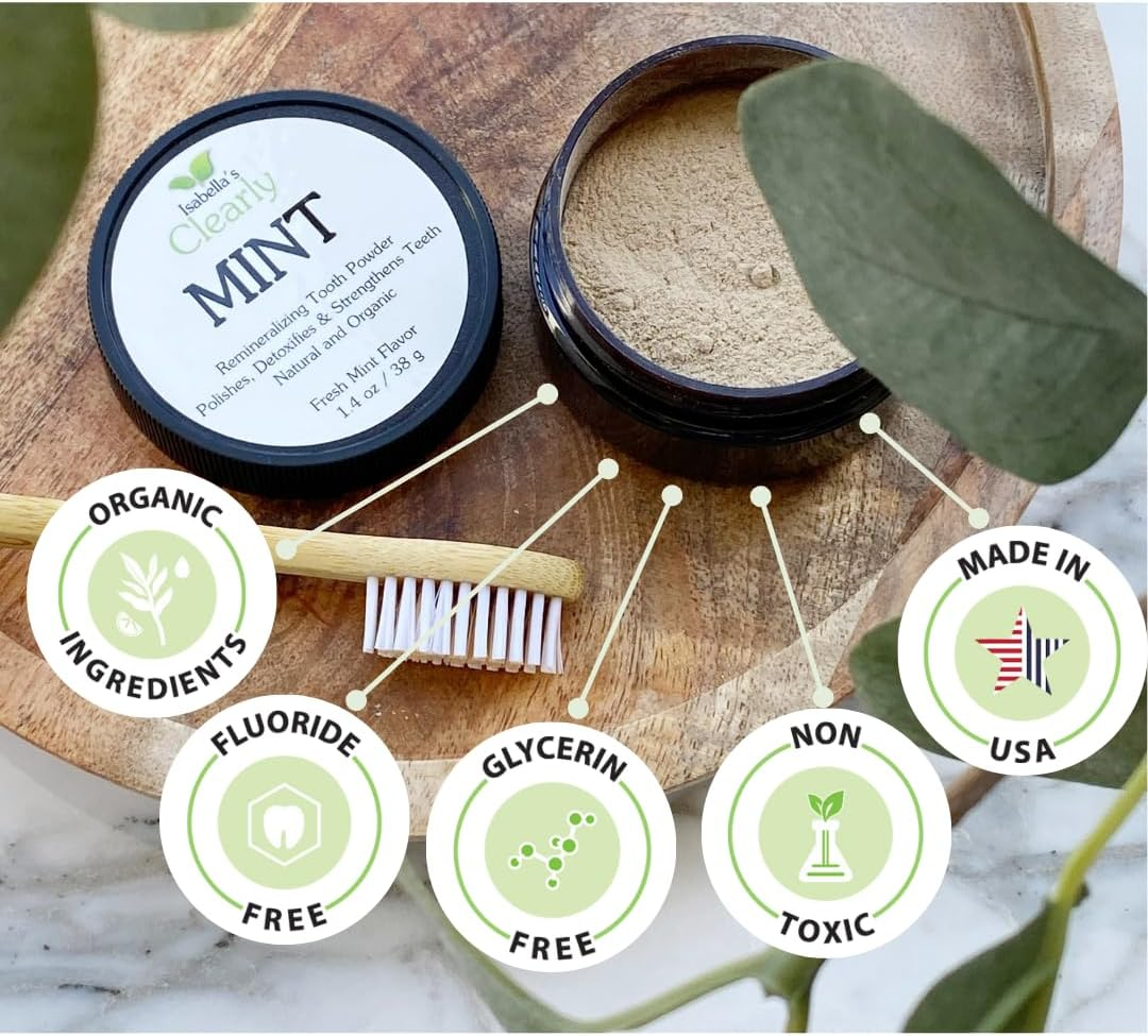 Isabella&rsquo;S Clearly MINT Remineralizing Tooth Powder | Teeth Whitening Natural Toothpaste Fluoride Free for Adults, Kids, Sensitive Gums | Xylitol, Baking Soda, Clay, Calcium (40G) image number 1