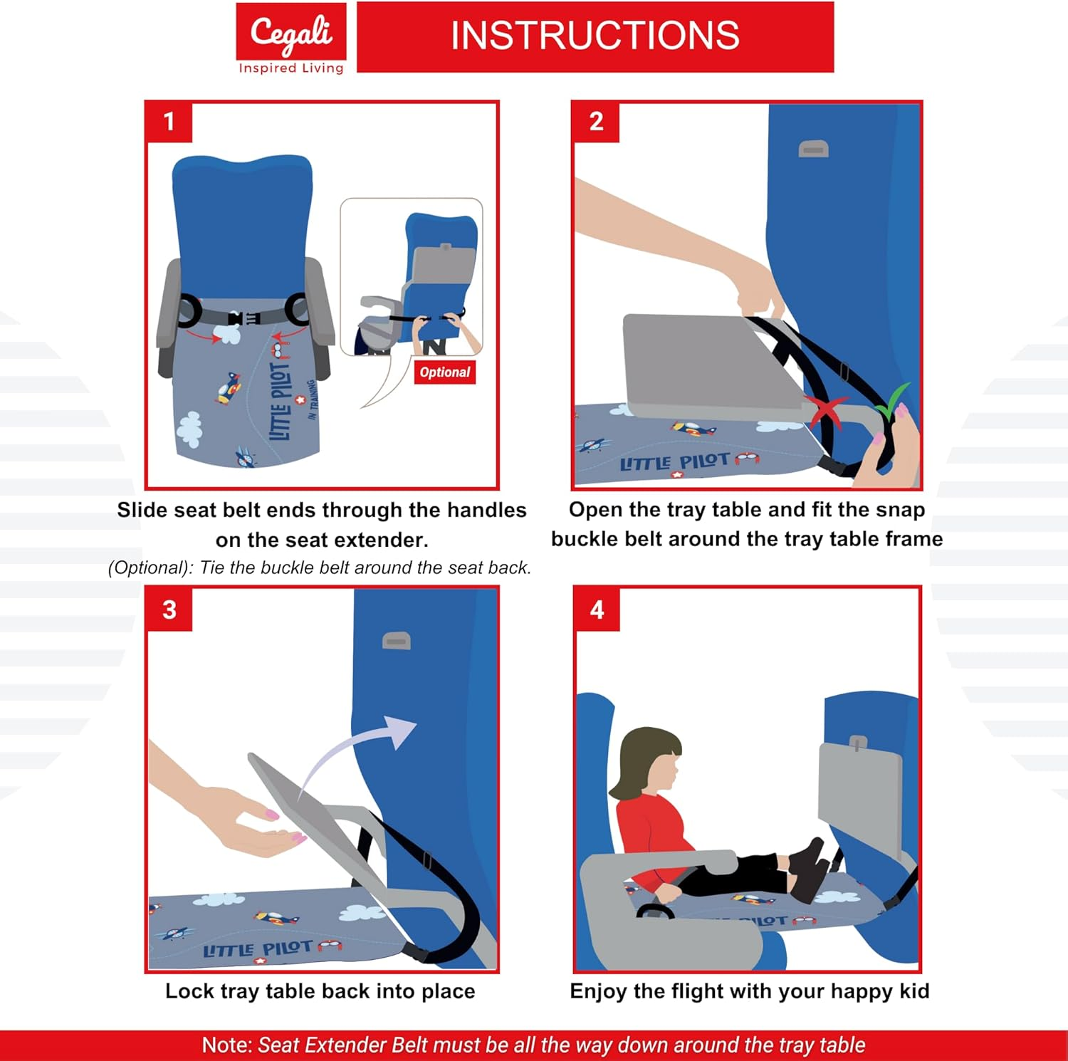 Cegali Airplane Seat Extender for Kids: Enhance Your Child'S In-Flight Comfort. Travel Toddler Bed, Airplane Footrest, Airplane Foot Hammock and Seat Extender, All in One (Little Pilot - Cool Grey) image number 2