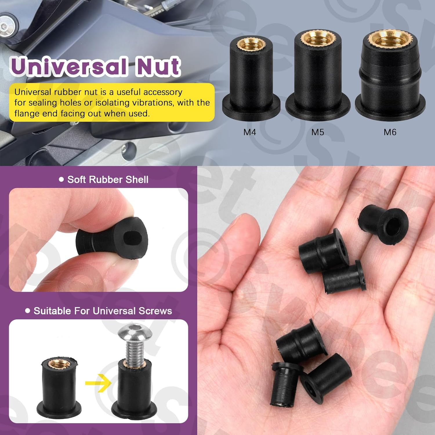 Swpeet 20Pcs M4 Black Rubber Well Nuts Kit, Windshield Fairing Fasteners Nuts, Fairing Universal Motorcycle Fasteners and Neoprene Expansion Brass Nuts Ideal for Canoe Boat Kayak image number 1