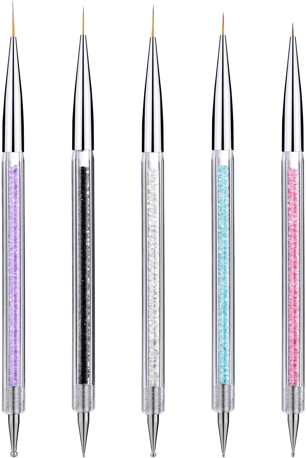 5 Pieces Nail Art Liner Brushes, Dual-Ended Painting Nail Design Brush Pen Include Liner Brushes and Dotting Pen 5/7/9/11/13 Mm