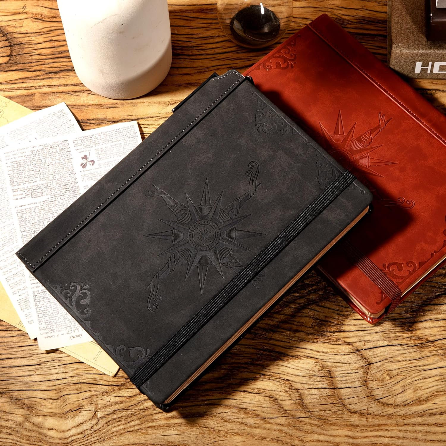 CAGIE Compass Leather Notebook Journal for Men, 100 GSM 288 Pages Lined Journals for Writing, A5 Hardcover Journaling Notebooks Gift Set with Pen for Travel Office Daily Writing - Black - Brown image number 3