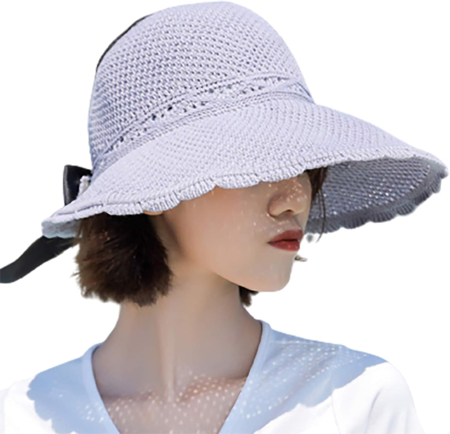 Sun Hats for Women with Ponytail Hole UV Protection Wide Brim Beach Cap Lightweight Foldable/Packable Straw Hats Bucket Cap with Decorative Bow - Black image number 6