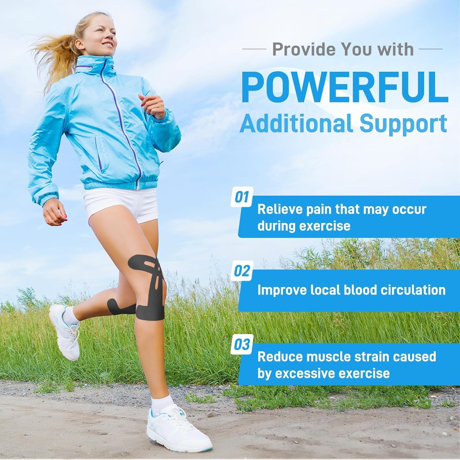 OWNKING 20 Pcs Upgraded Precut Kinesiology Tape for Knees, Elastic Sports Tape, Waterproof & Relief Athletic Tape for Knee Support & Stability, Breathable, Hypoallergenic, Extra Sticky, 25X22Cm image number 5