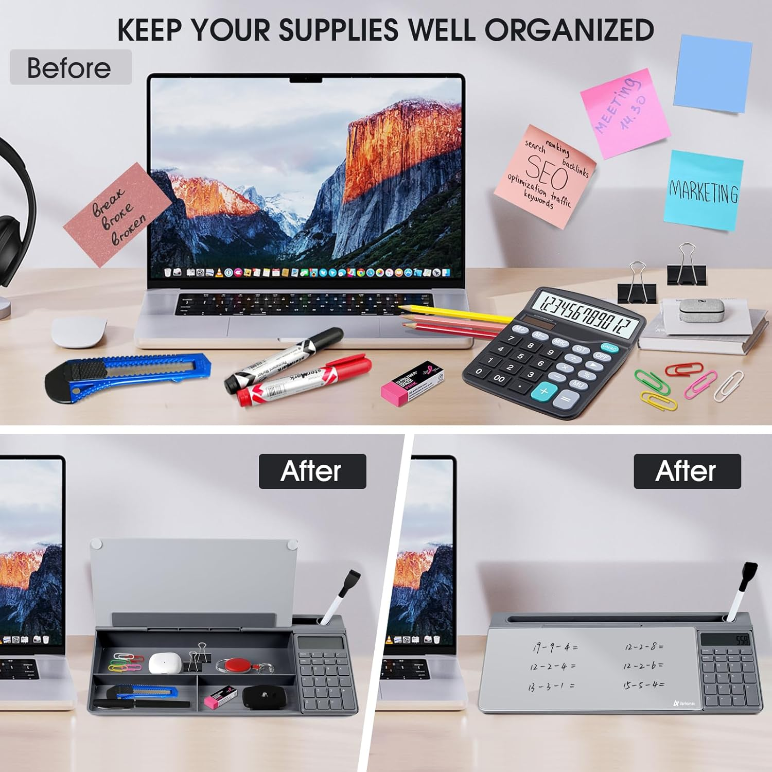 Varhomax Glass Desk Whiteboard Gray with Calculator, Desktop Organizer Dry Erase White Board with Storage, to Do List Memo Notepad for Home Office and School Supplies image number 2