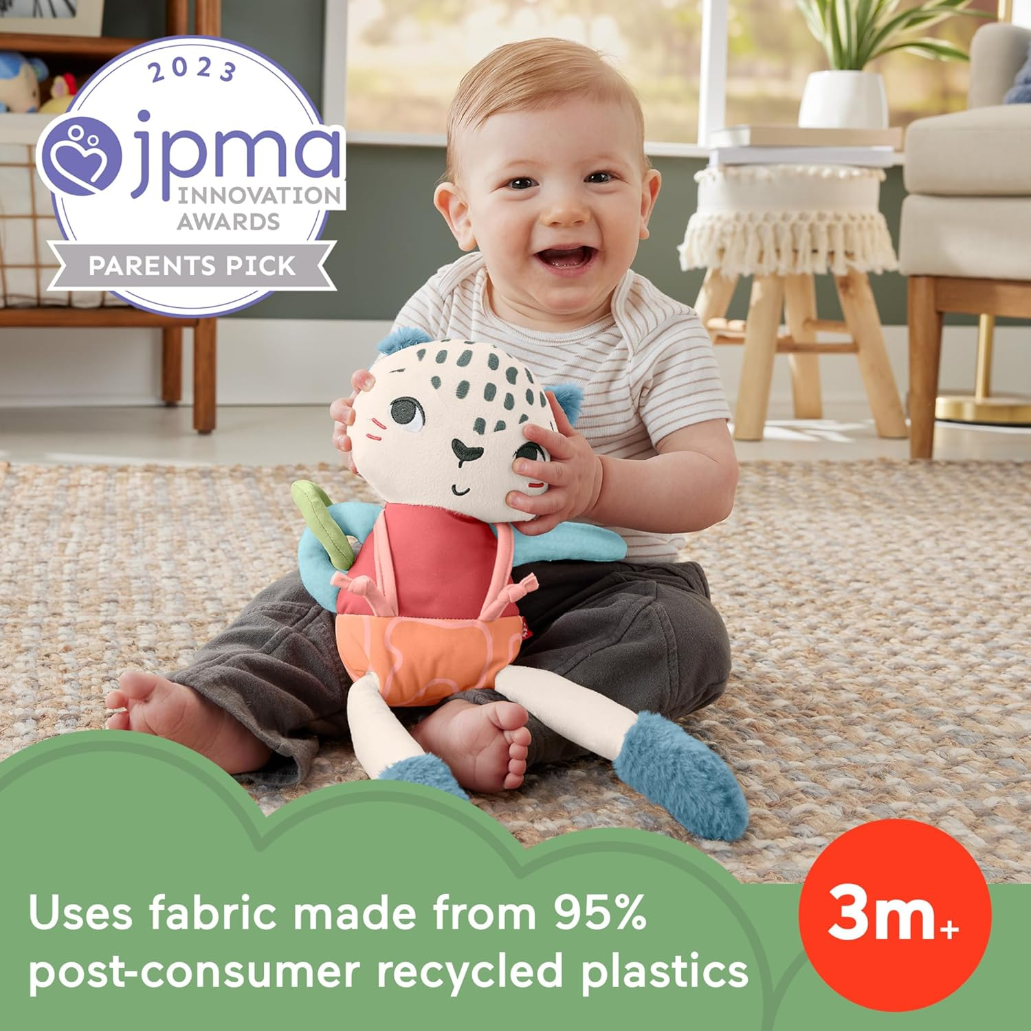 Fisher-Price Baby Toy Planet Friends Spotting Fun Snow Leopard Plush with Sensory Activities for Newborns Ages 3+ Months image number 1