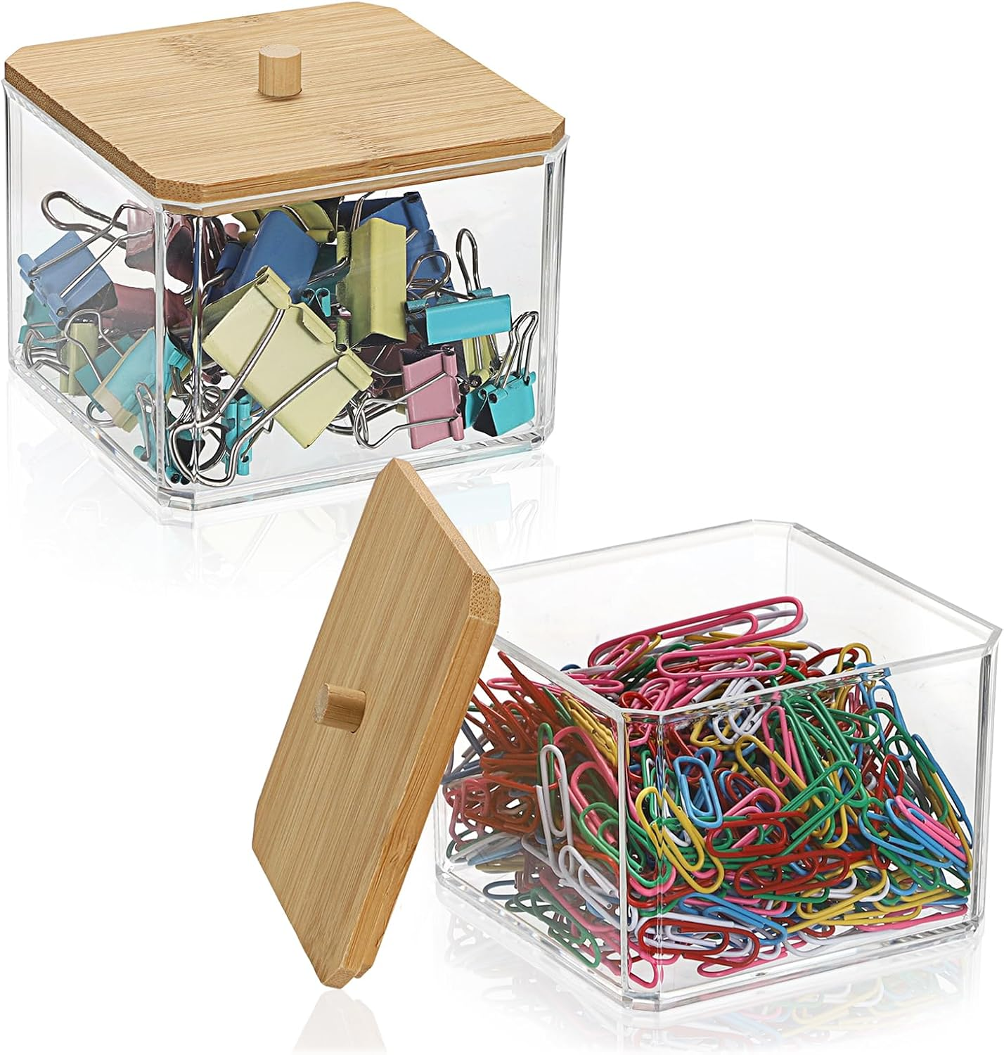 BTSKY 2 Pack Clear Stackable Paper Clip Holder with Bamboo Lid Paperclip Box Thick Acrylic Office Supply Accessory Organizer Square Small Storage Holder Cute Qtip Holder for Office Bathroom Vanity image number 1