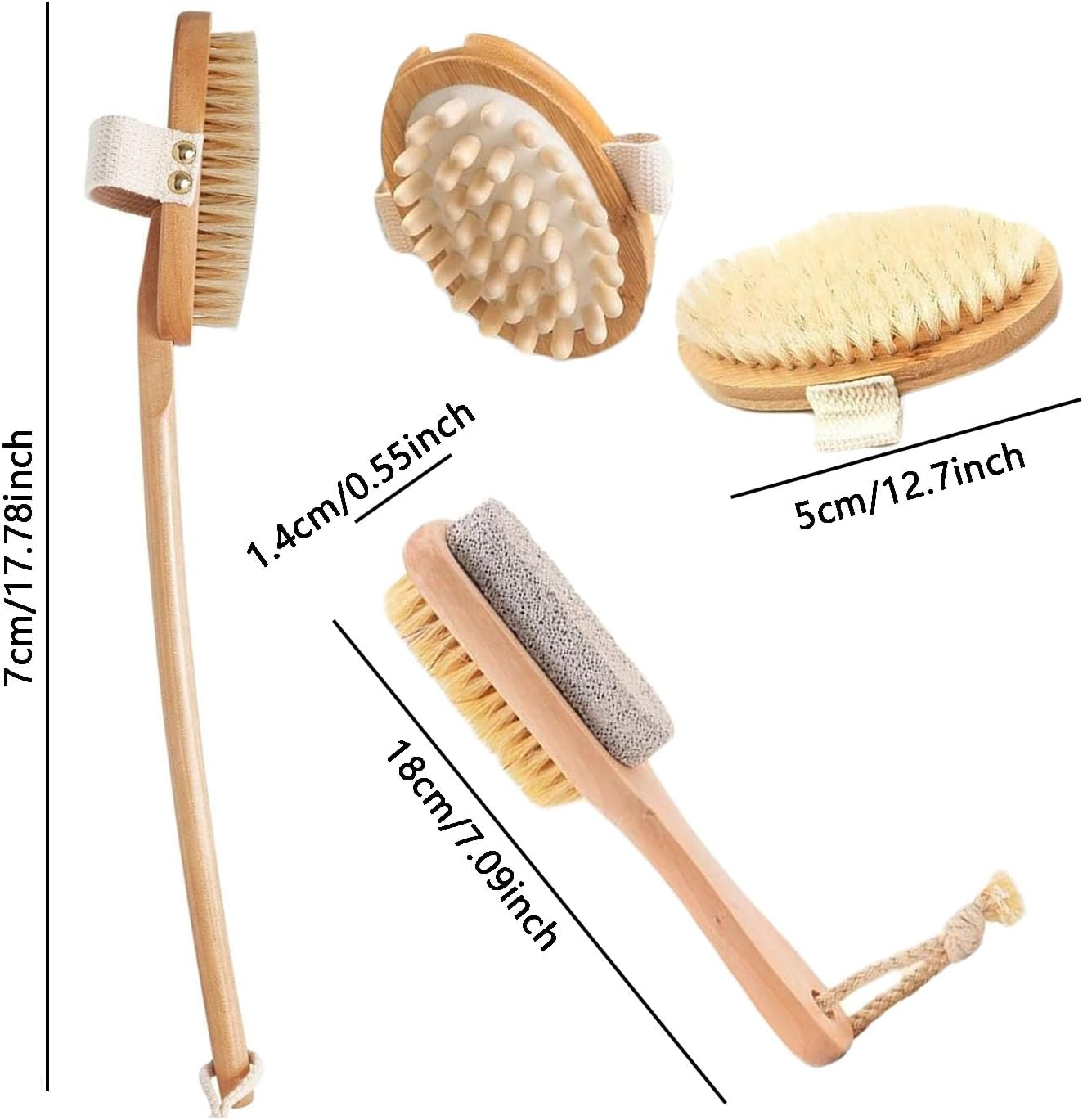 Shengsenfu 5 Pcs Dry Brushing Body Brush Set - Wood Long Handle Back Scrubber Brush, Face Brush, Feet Brush, Massage Nodules Brush for Lymphatic Drainage, Natural Boar Bristle Body Brush, Radiant Skin