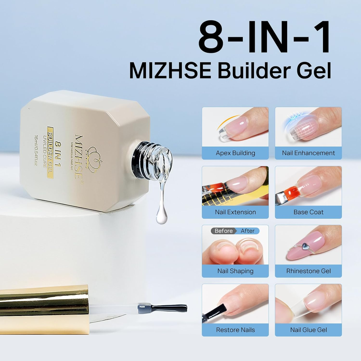 MIZHSE Builder Gel for Nails, 8-In-1 Clear Hard Builder Nail Gel Strengthener Gel Thickening Extension Rhinestone Glue in a Bottle for Nail Salon LED & U V Lamp Needed 16Ml