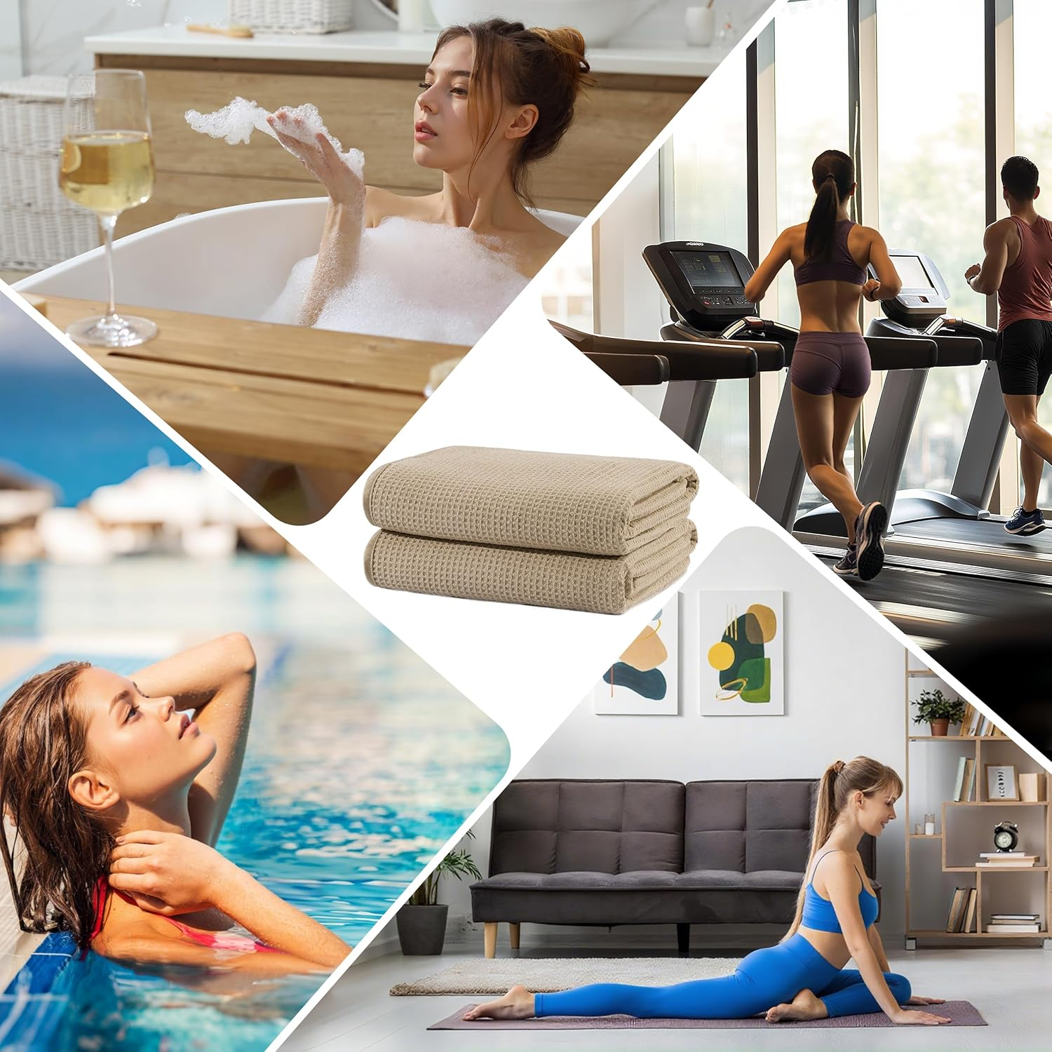 POLYTE 380 GSM Microfibre Oversize Quick Dry Lint Free Waffle Bath Towel for Body, 76.2 X 152.4 Cm, Set of 2 - Blue image number 5