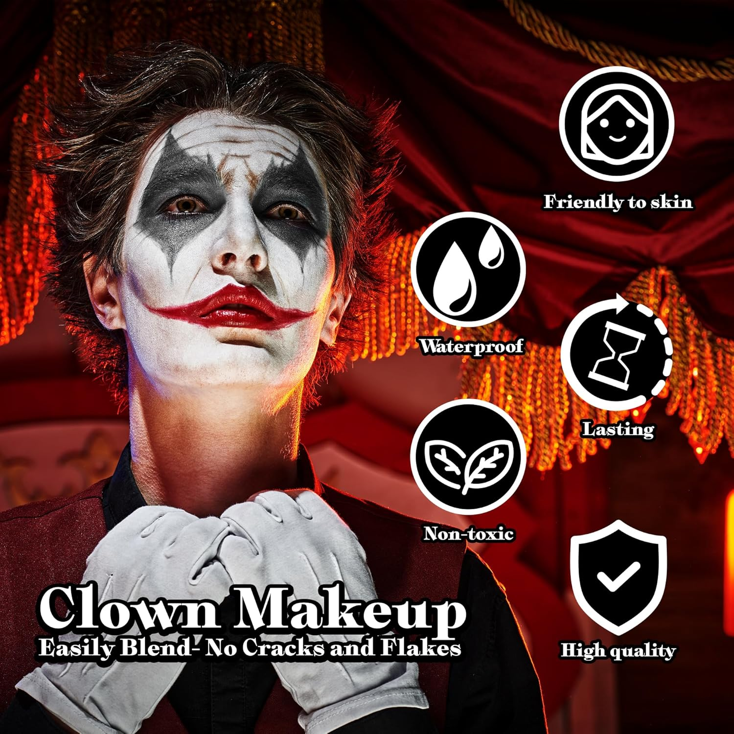 VANERIA Clown Makeup Halloween, Black White Red Cream Face Body Paint for Halloween, SFX Makeup Set with Vampire Teeth & Fake Blood, Clown Art Theater with Brushes image number 4