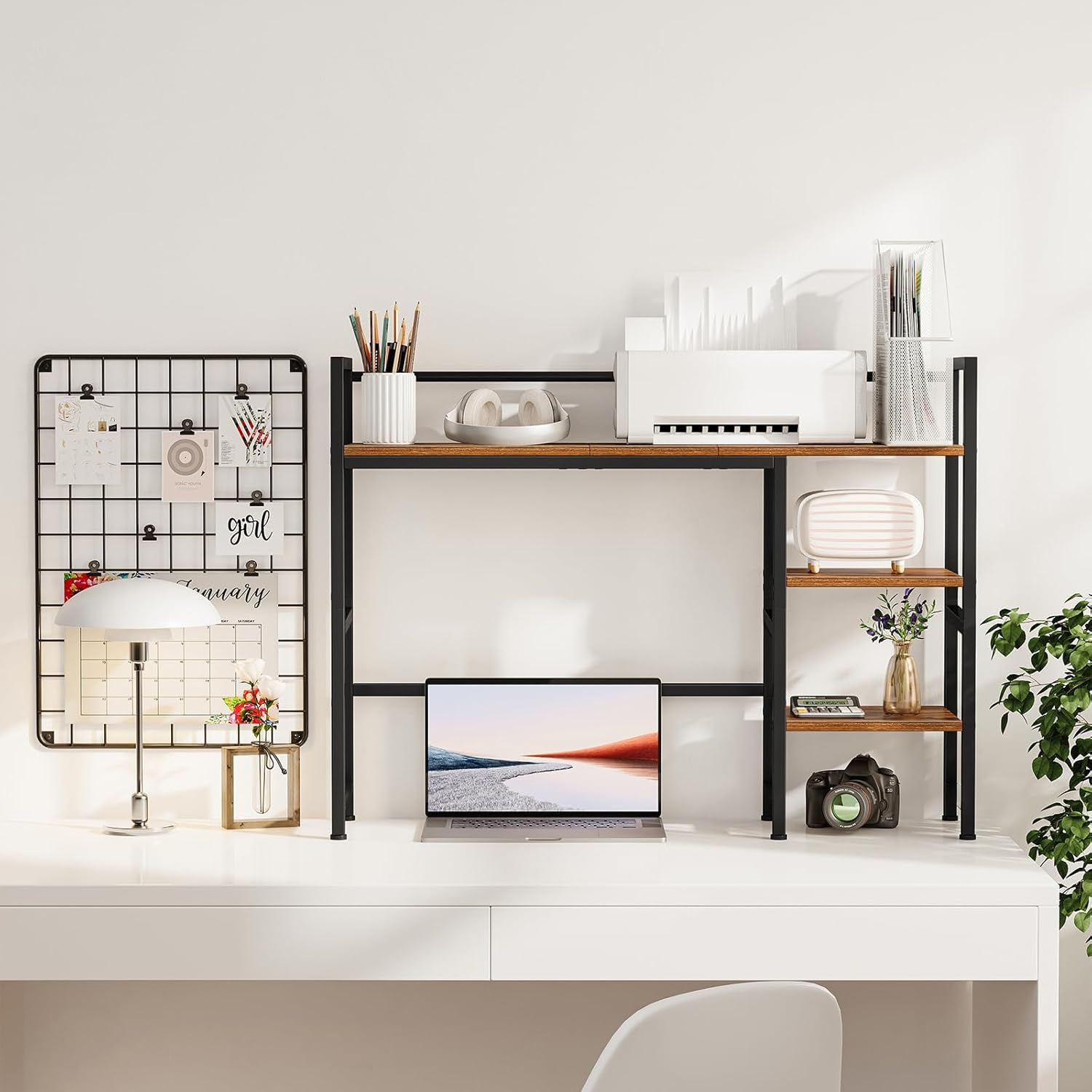 Desk Shelf, 98 Cm Desktop Organizer Shelf, Desk Hutch for Computer Monitor, 4 Tier Desktop Display Rack, Wood Bookshelf Storage Rack for Home Office Dorm (Rustic Brown, 98 CM) image number 3