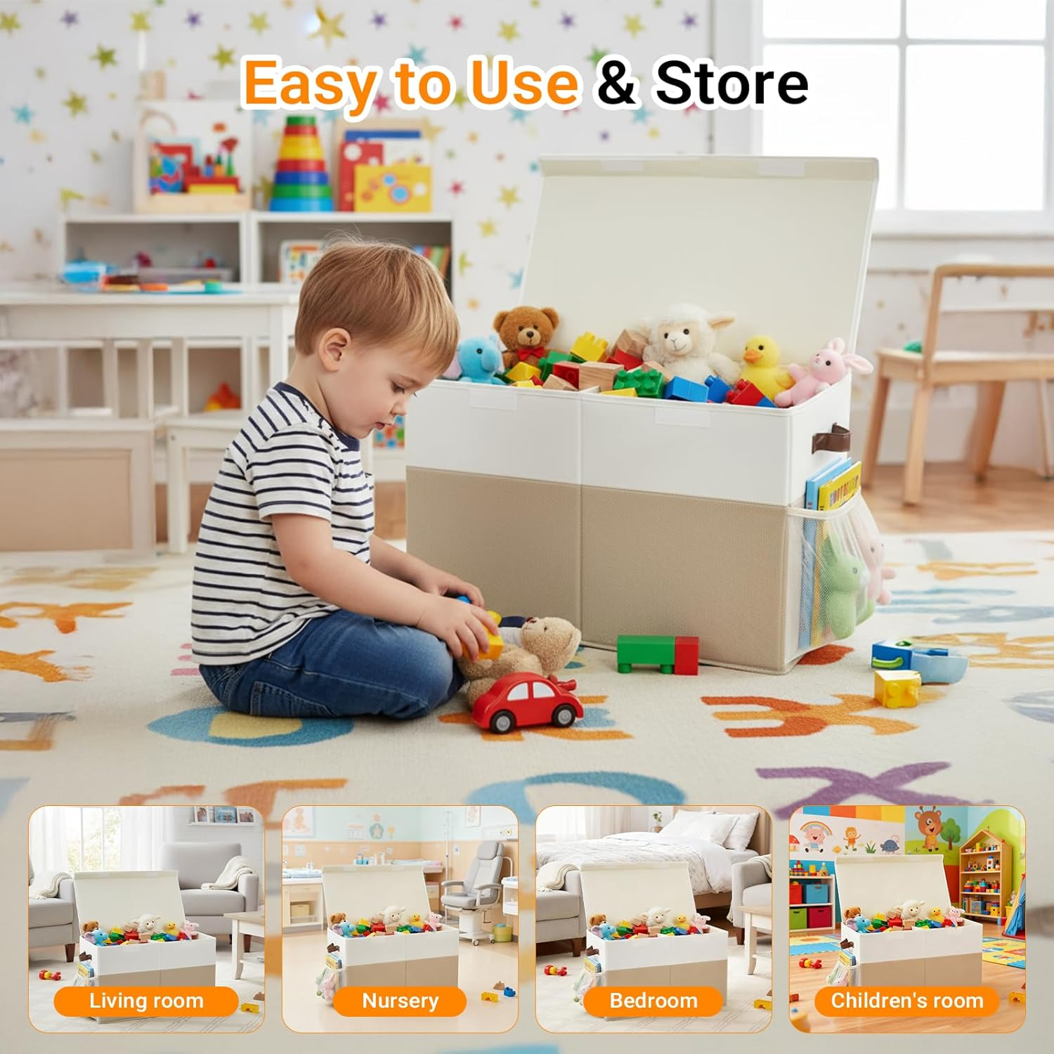 LIWEGHT Large Storage Box with Lid Collapsible Sturdy Baby Storage Rganizer Chest Bins Basket with Divider for Kids,Nursery,Bedroom,Boys, Girls,Playroom,63.5X33X40.6Cm(Beige&White) image number 4