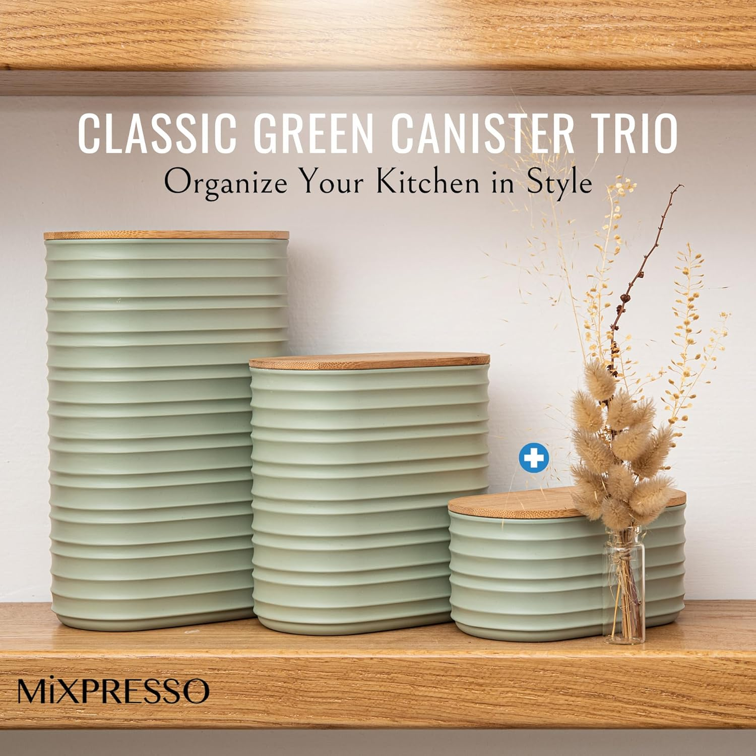 Mixpresso Olive Green Canisters Sets for the Kitchen &ndash; 3-Piece Airtight Plastic Sugar Container Set with Bamboo Lids in Three Different Sizes &ndash; Decorative Modern Storage Jars for Coffee &Tea