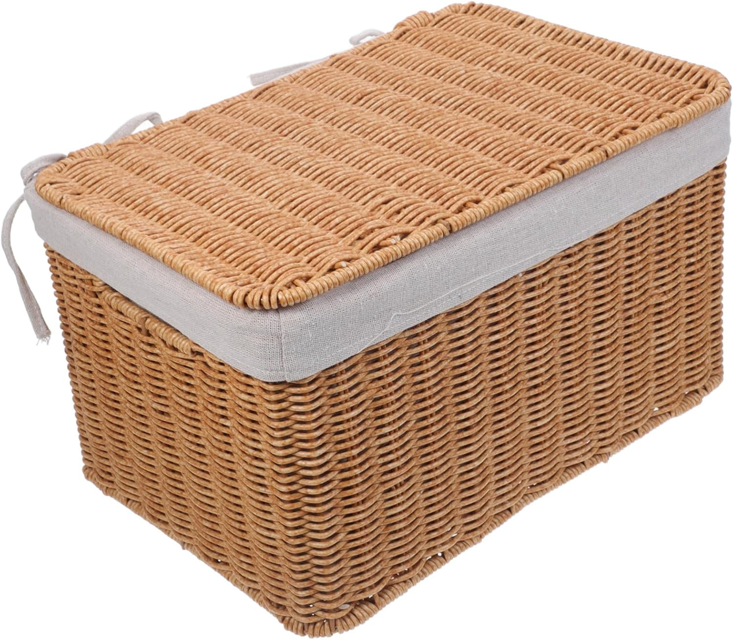BESTYASH Rectangular Wicker Storage Basket with Lid and Dual Handles Handwoven Rattan Organizer Bin for Laundry Closet and Home Storage Portable Decorative Shelf Container for Clothes And image number 3