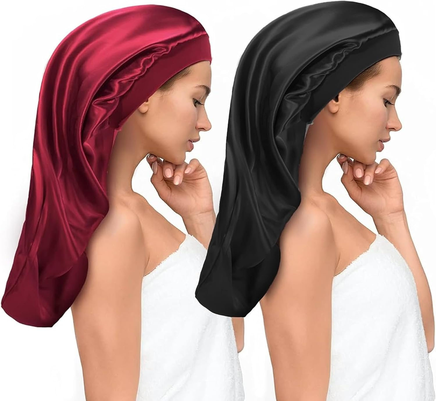 2Pcs Silk Hair Bonnet,Silk Bonnet for Sleeping,Satin Hair Bonnet,Silk Hair Wrap for Sleeping,Satin Bonnet, Extra Large Sleeping Hat for Women(Black，Red) image number 1