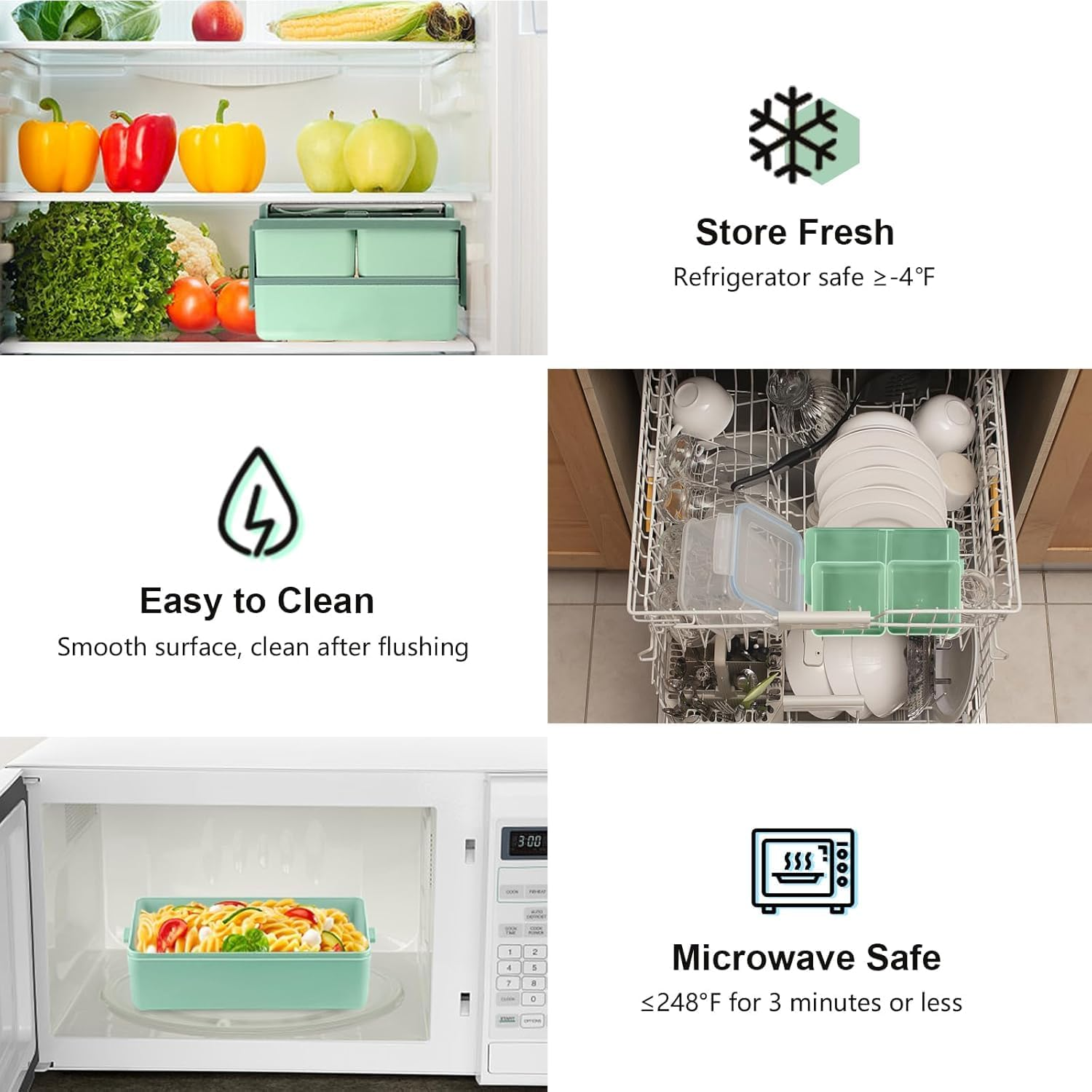 Lunch Box Stackable, 1400Ml Bento Box with Spoon Fork, Leak Proof 2 Layer Boxes with 3 Removable Compartments and Cutlery, for Adults Kids Office Microwave Dishwasher Safe Available (Green) image number 4